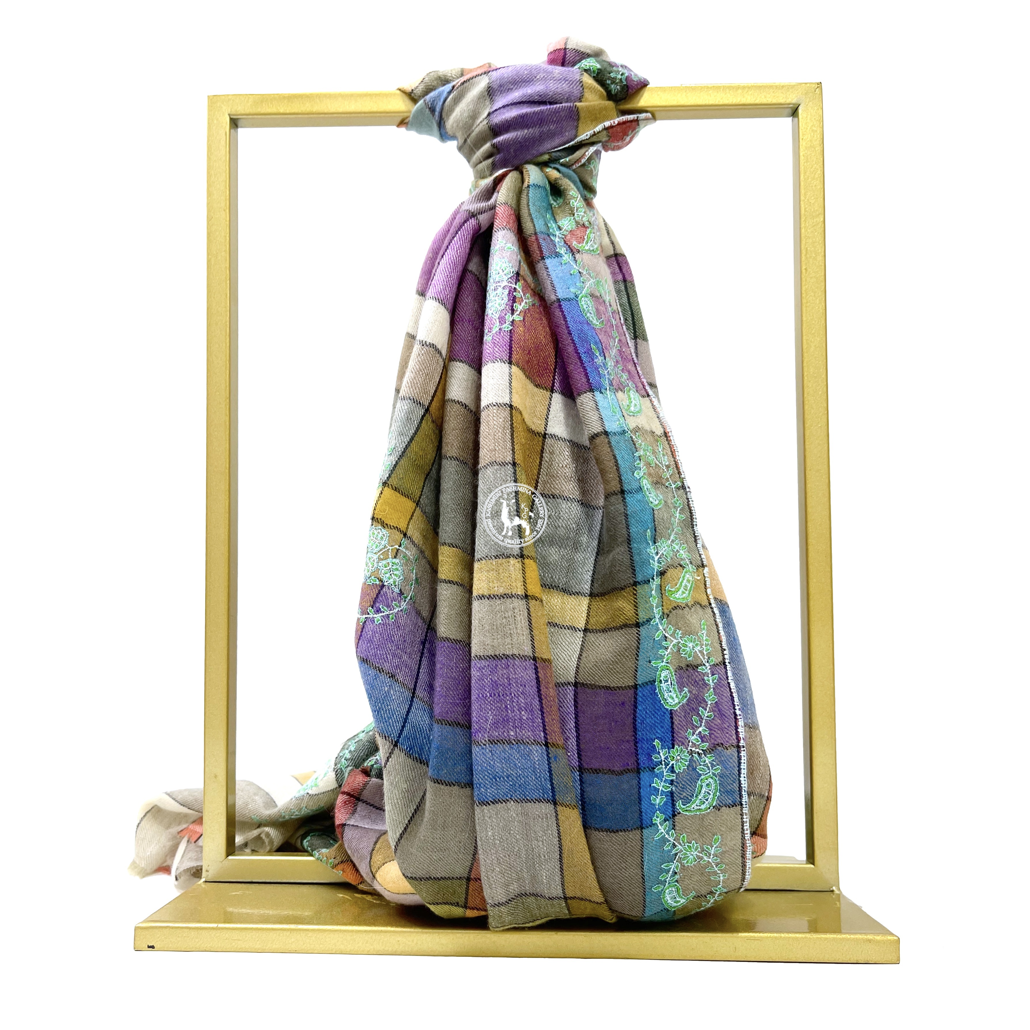 紫黃卡其色格仔刺繡喀什米爾羊絨圍巾披肩