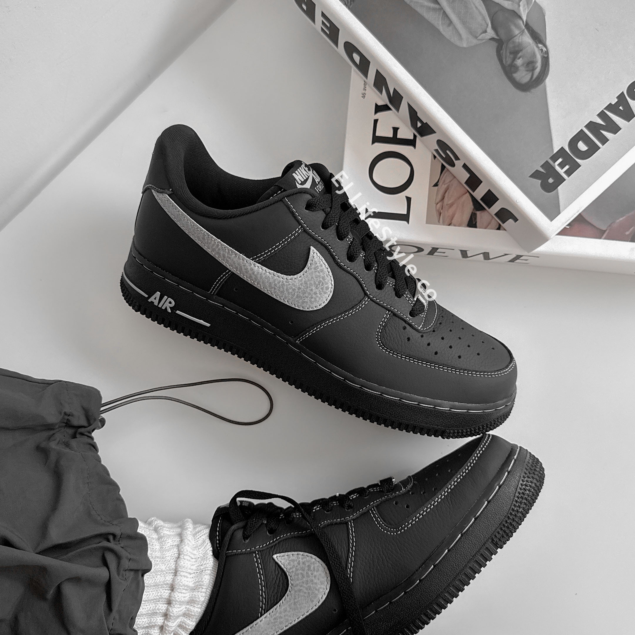 NIKE AIR FORCE 1 AF1 黑灰色 灰白 外縫線 荔枝皮革 異材質 拼接 男鞋 HQ2037-006 / 現+預