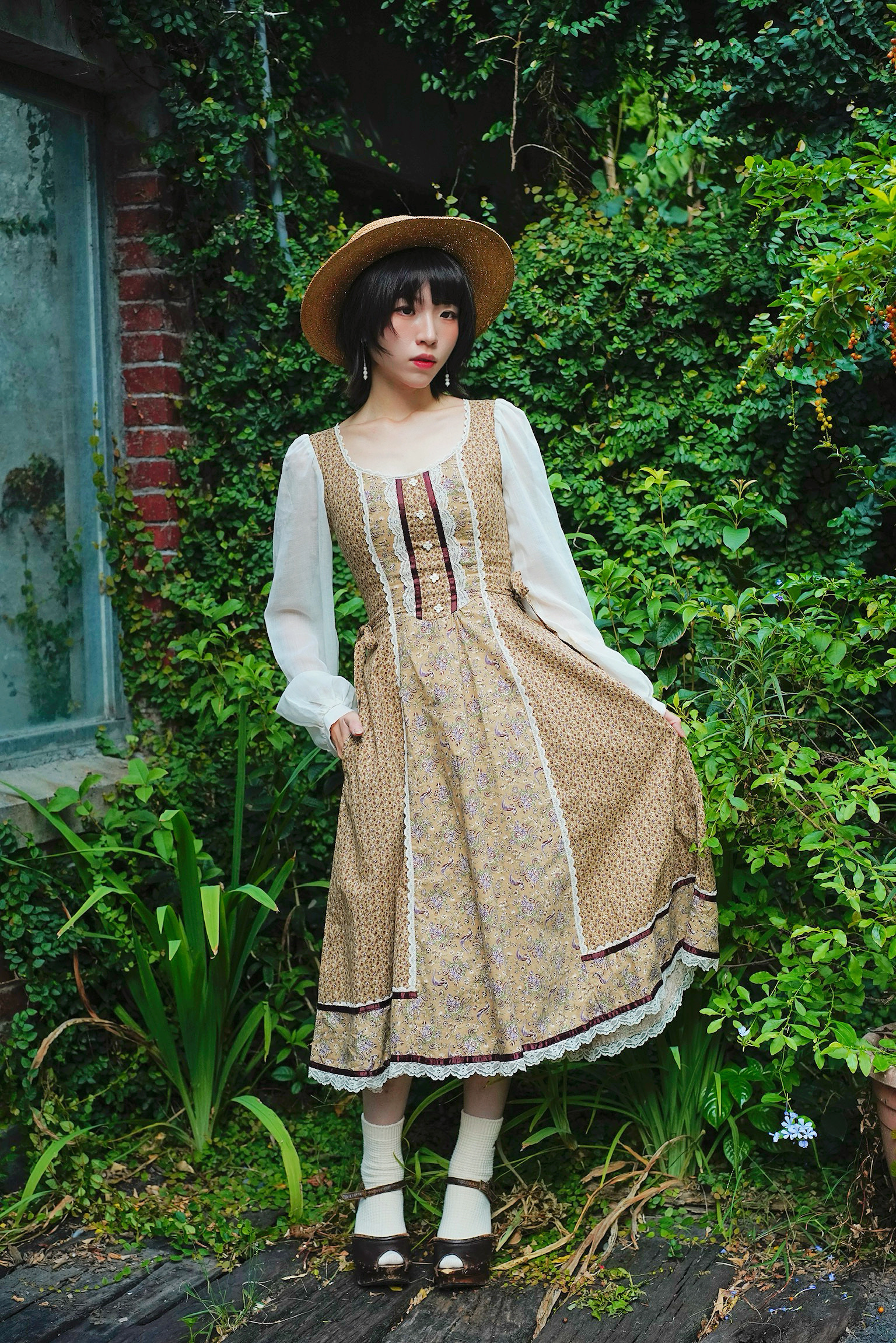 Vintage Dress/GUNNE SAX卡其四葉草釦禮服