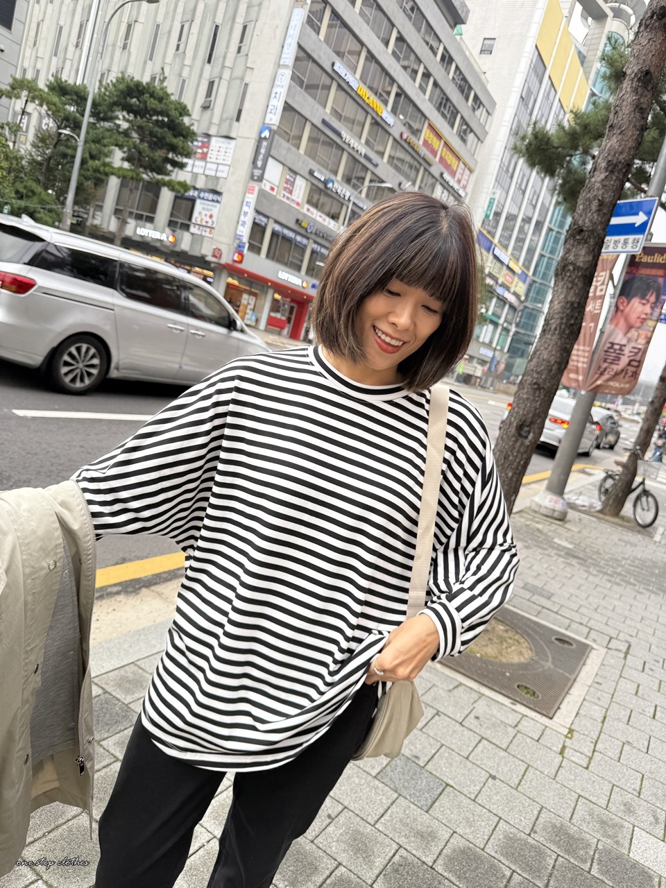 正韓寬鬆飛鼠橫條T