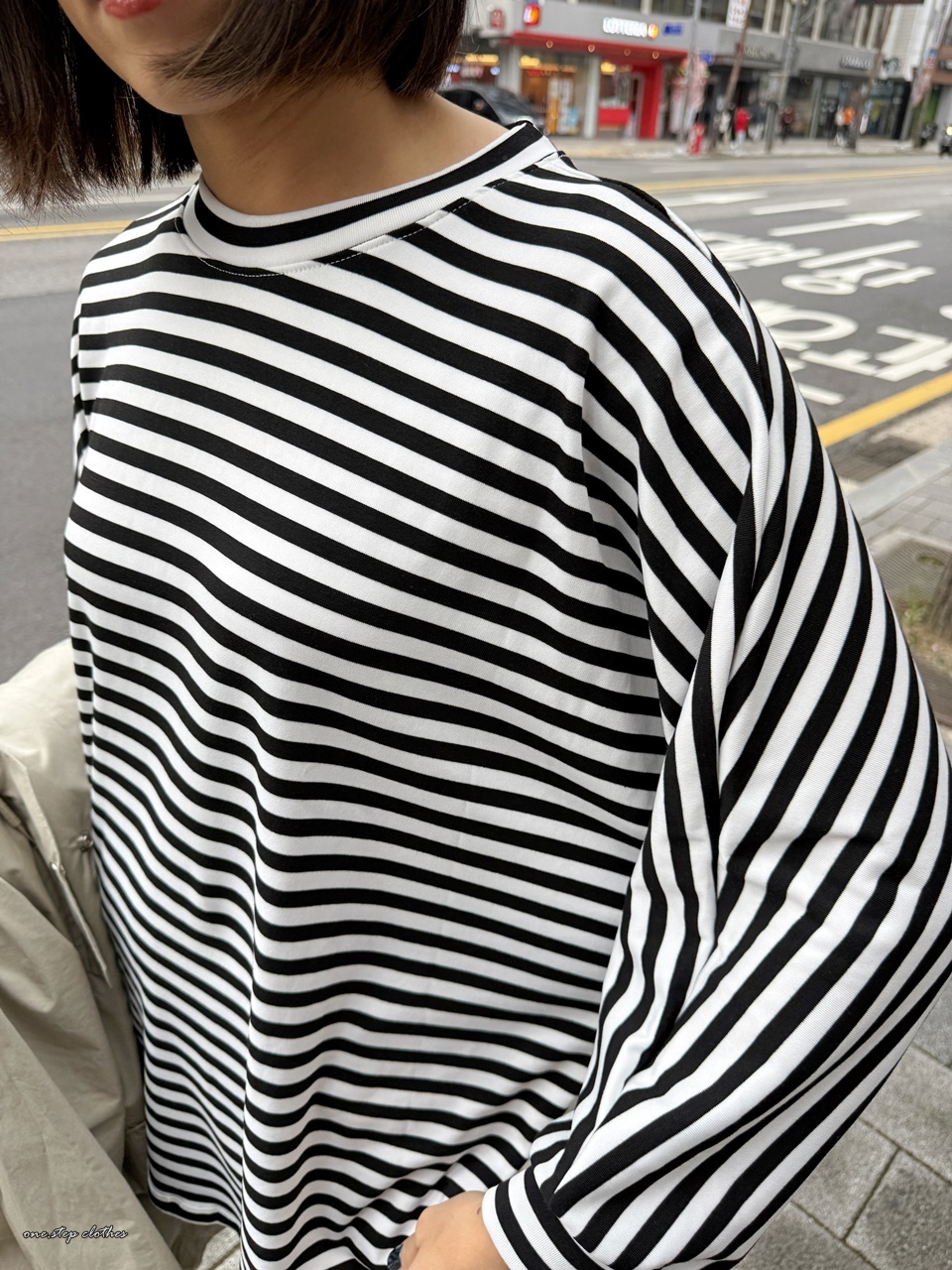正韓寬鬆飛鼠橫條T