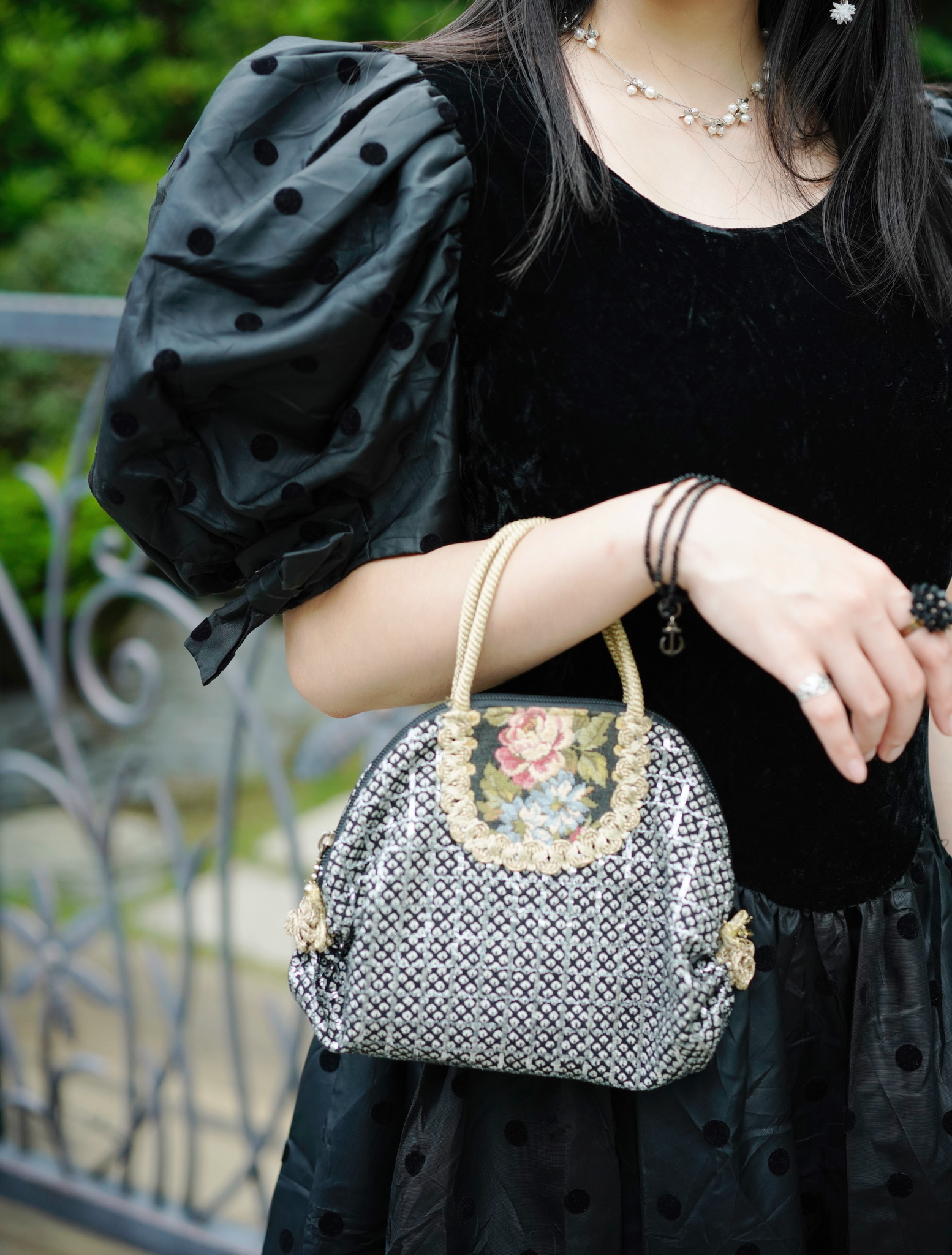 Vintage Dress/古著泡芙波爾卡圓點黑禮服