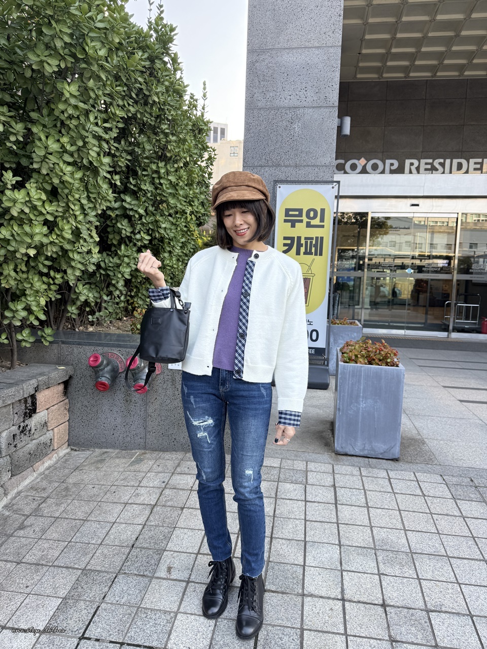 正韓手袖拼接格紋針織外