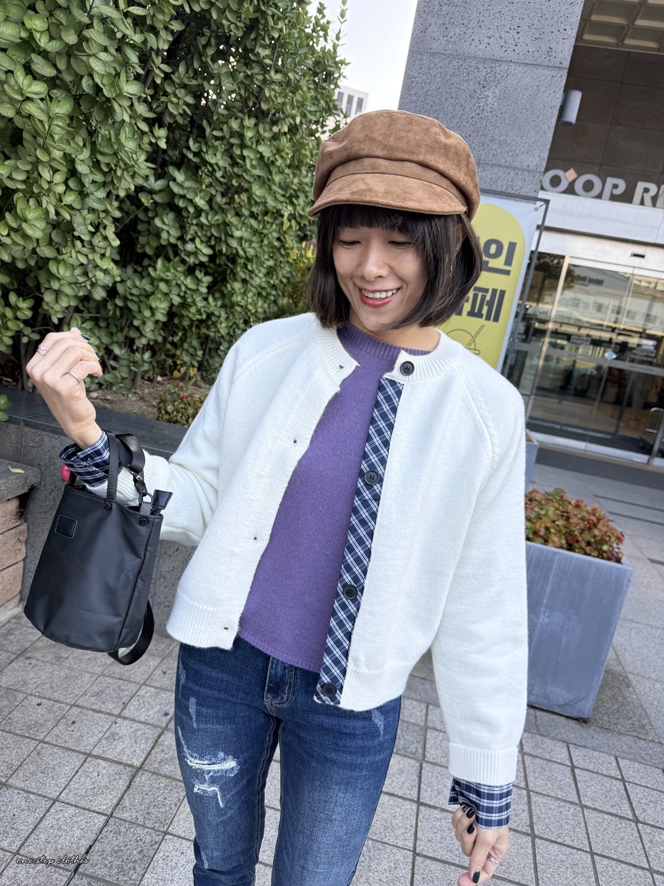 正韓手袖拼接格紋針織外