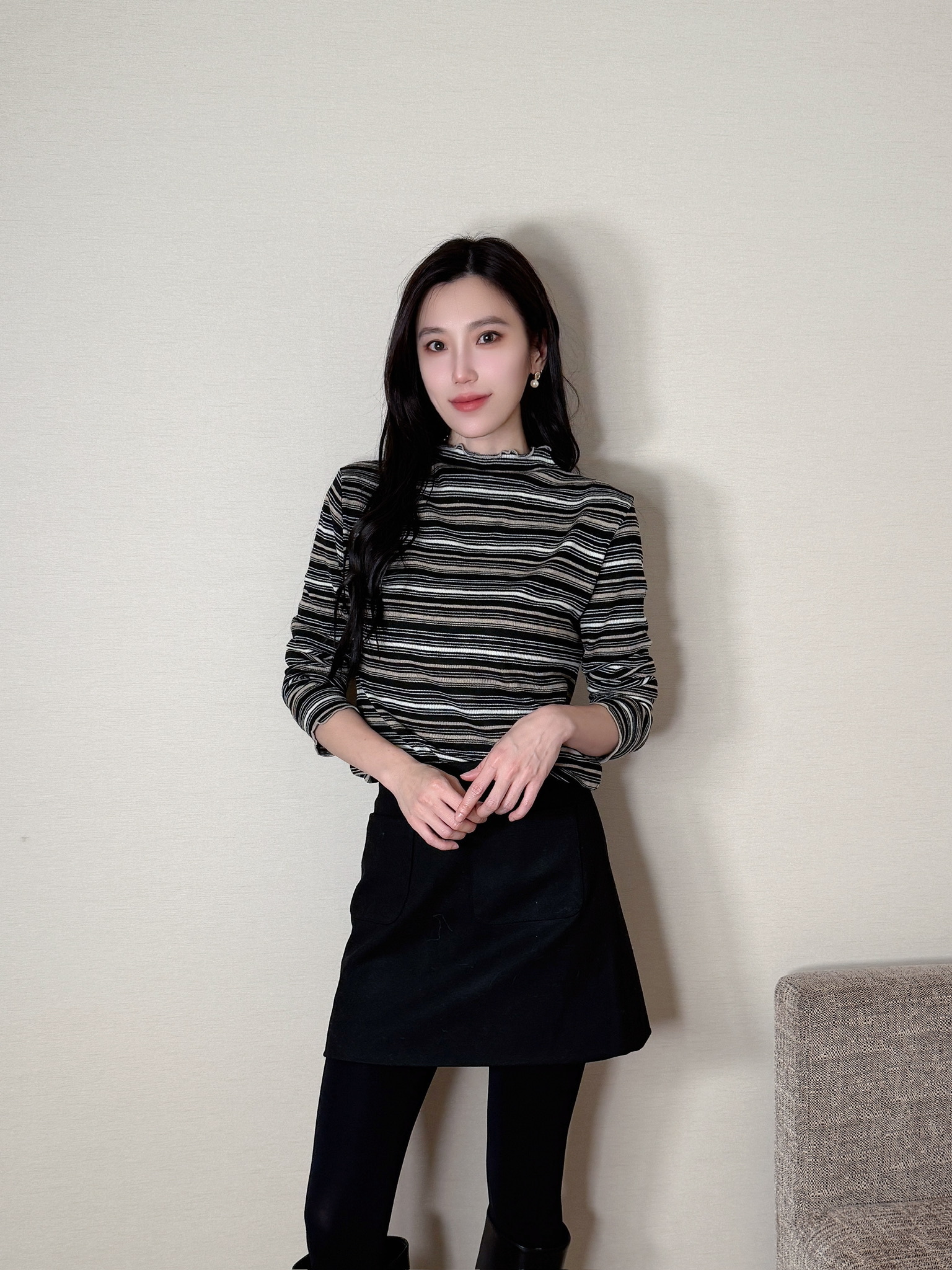 條紋半領針織上衣