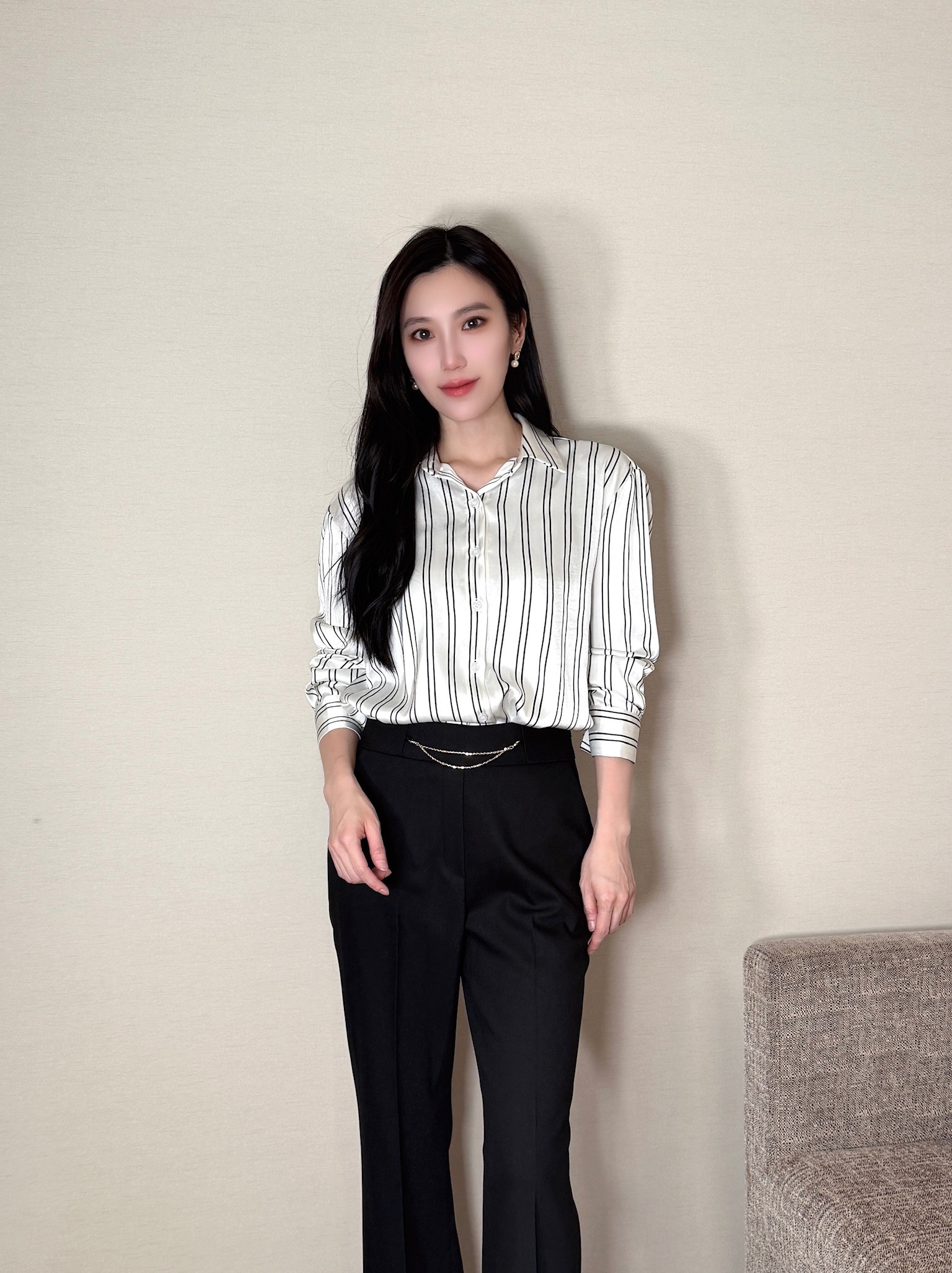 緞面百搭條紋襯衫