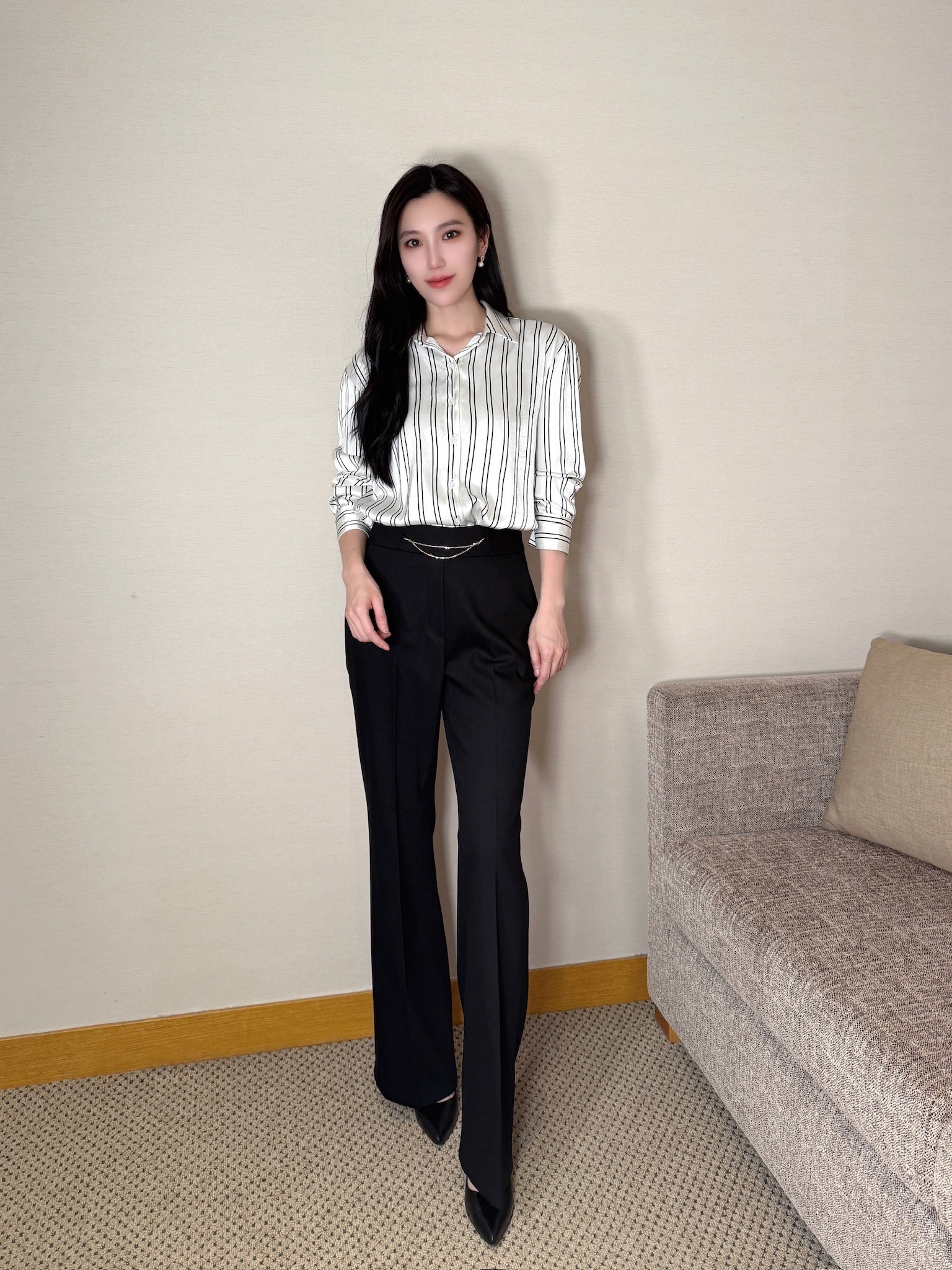 緞面百搭條紋襯衫