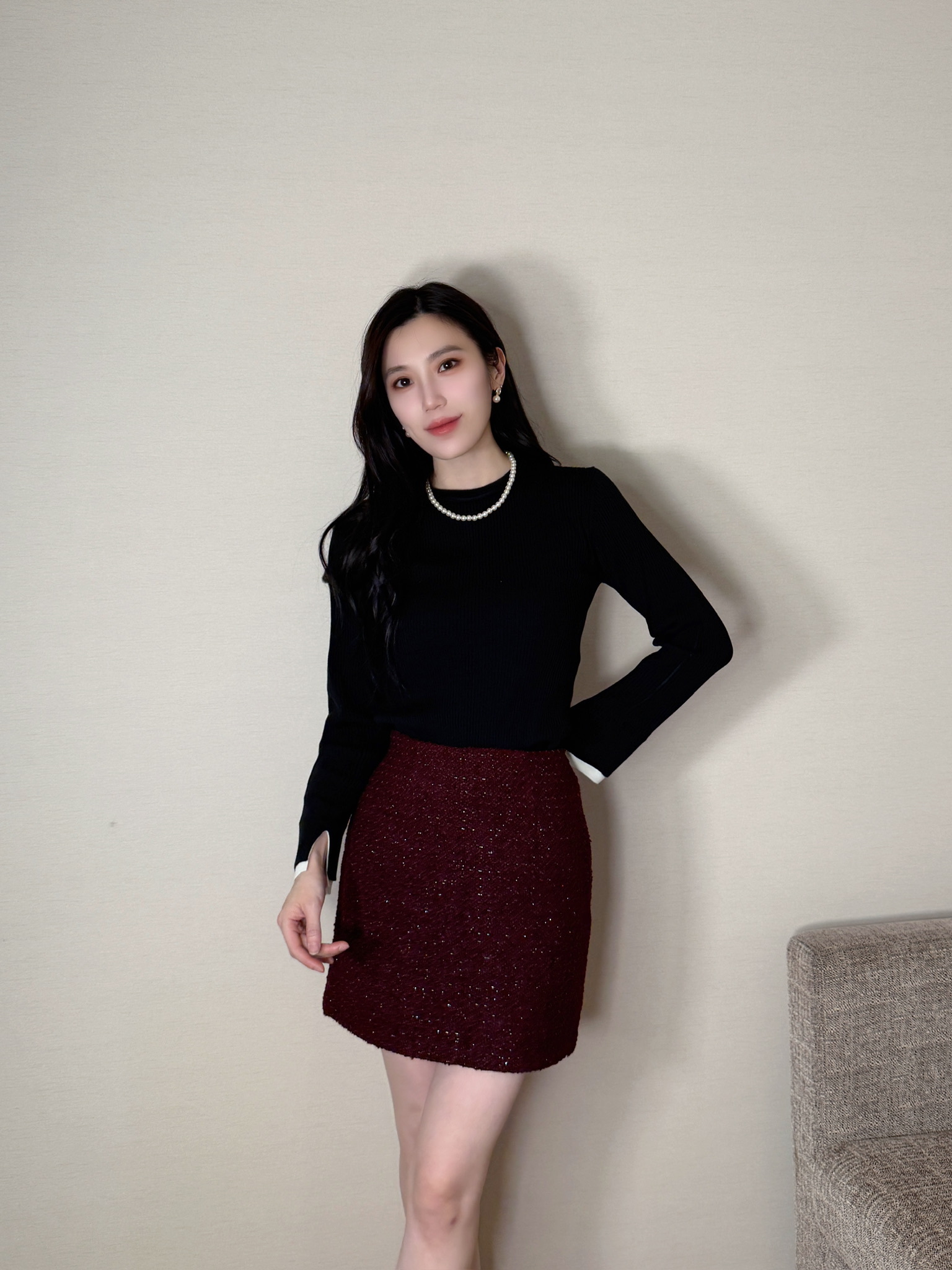 撞色袖口開衩袖針織上衣