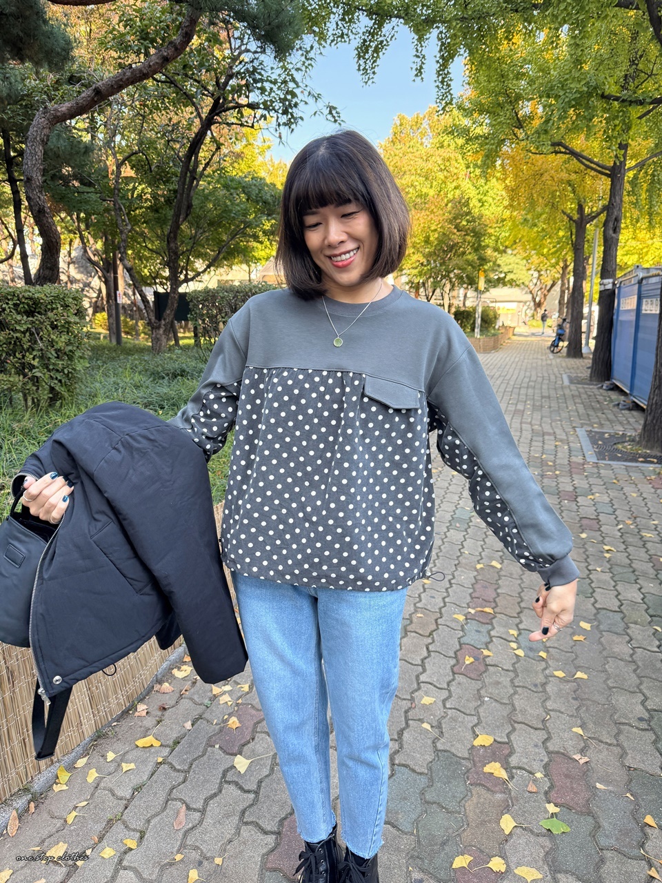 正韓俏皮燈心絨點點拼接上衣 (灰)