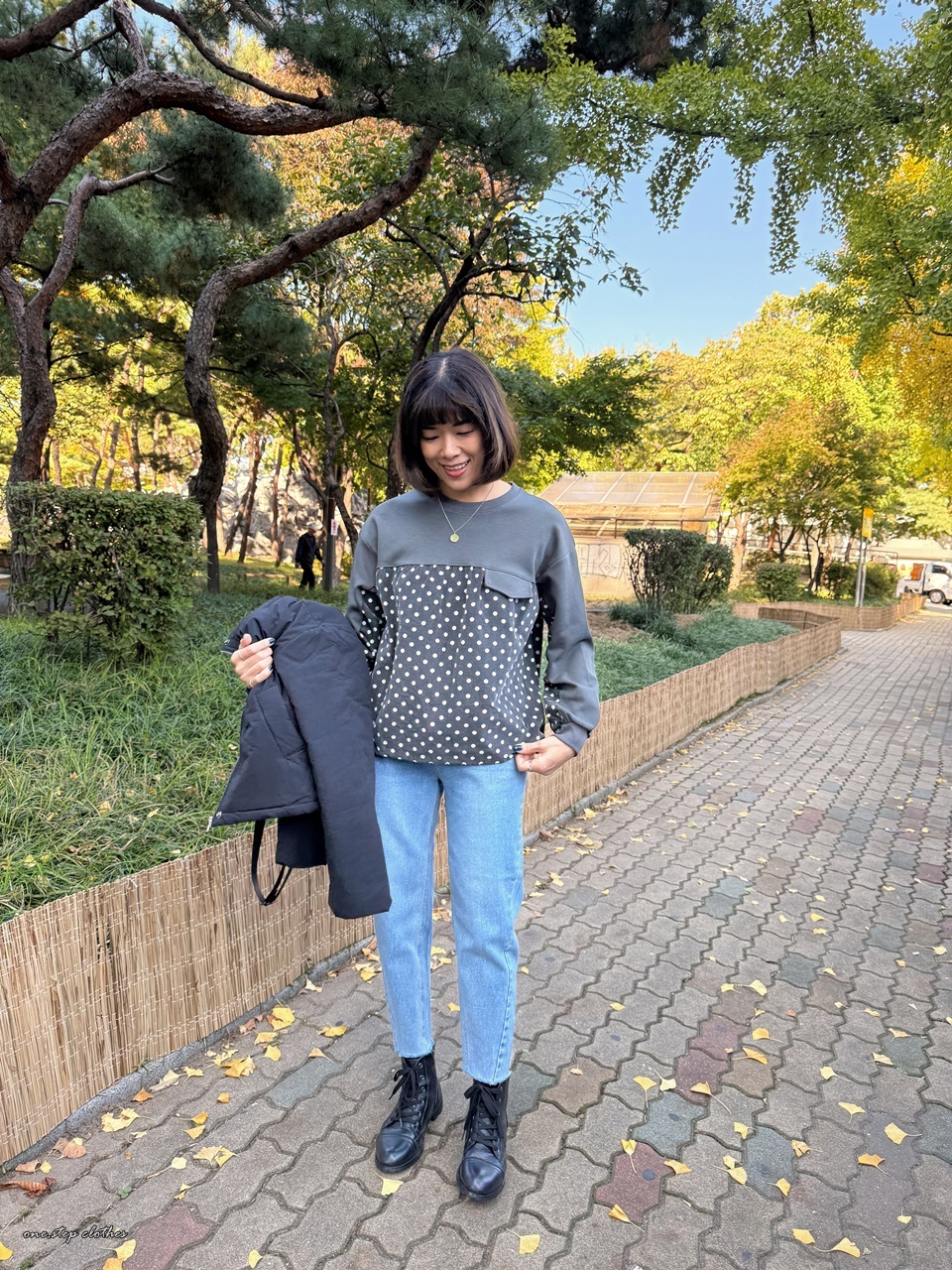 正韓俏皮燈心絨點點拼接上衣 (灰)