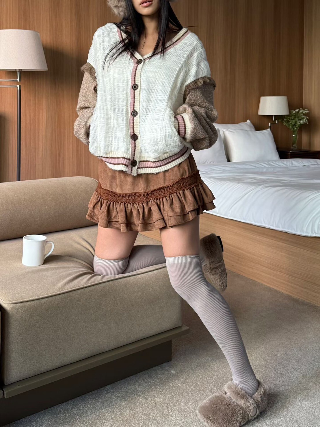 絨面荷葉內建安全褲短裙