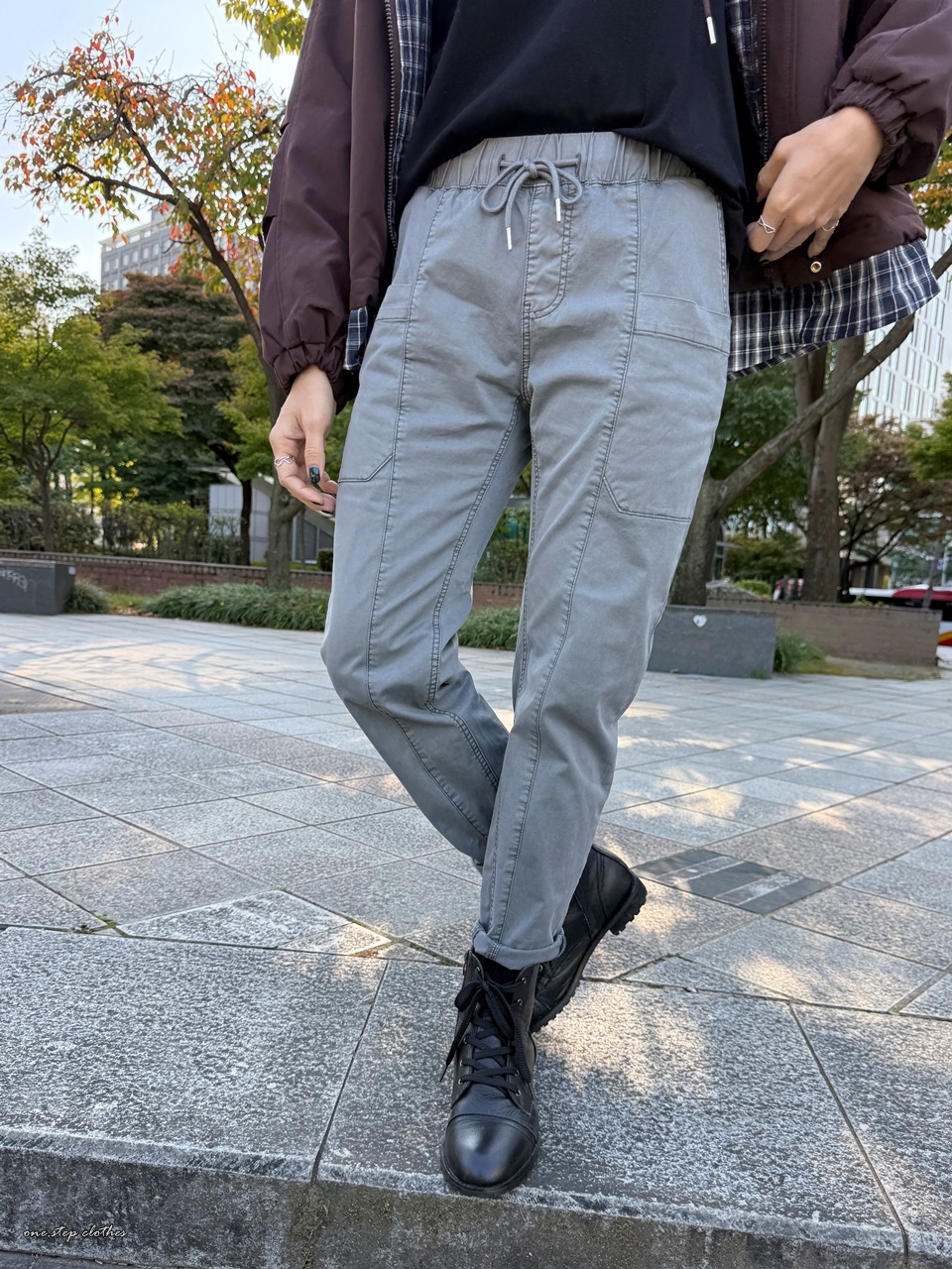 正韓S級水洗灰車線口袋休閒褲