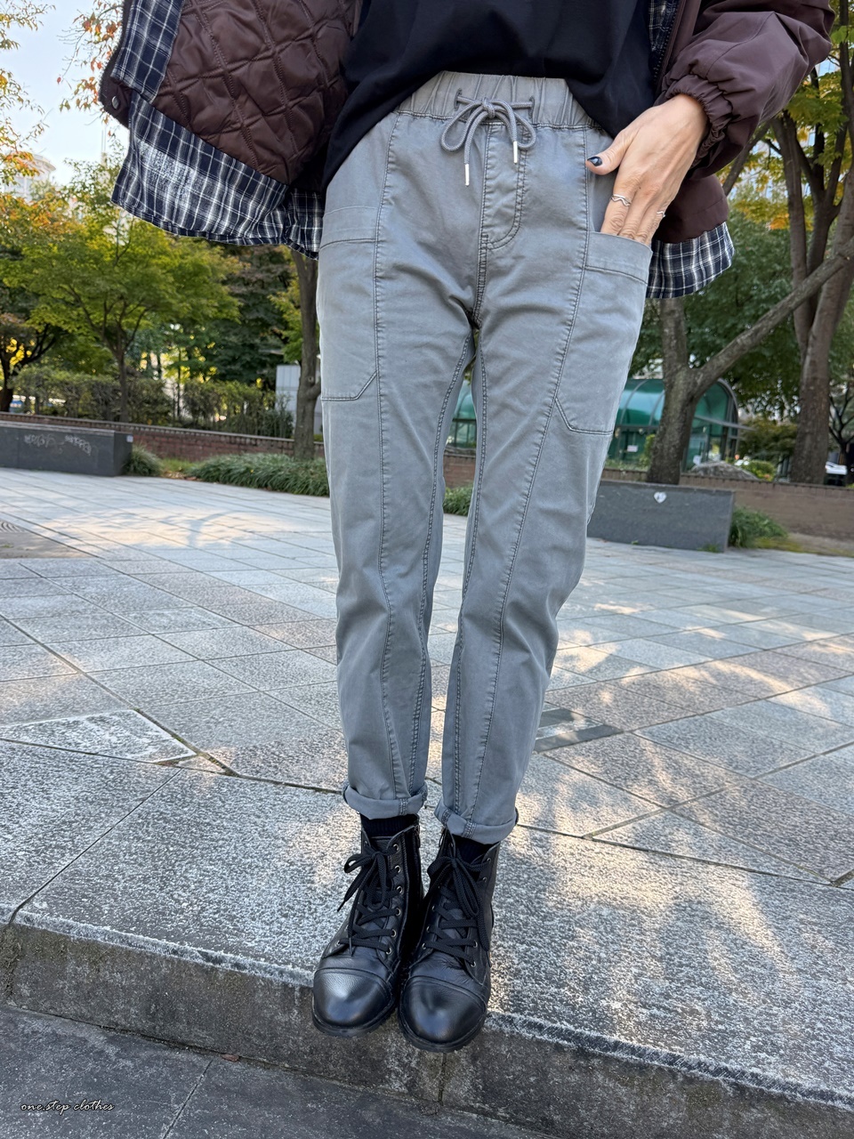 正韓S級水洗灰車線口袋休閒褲