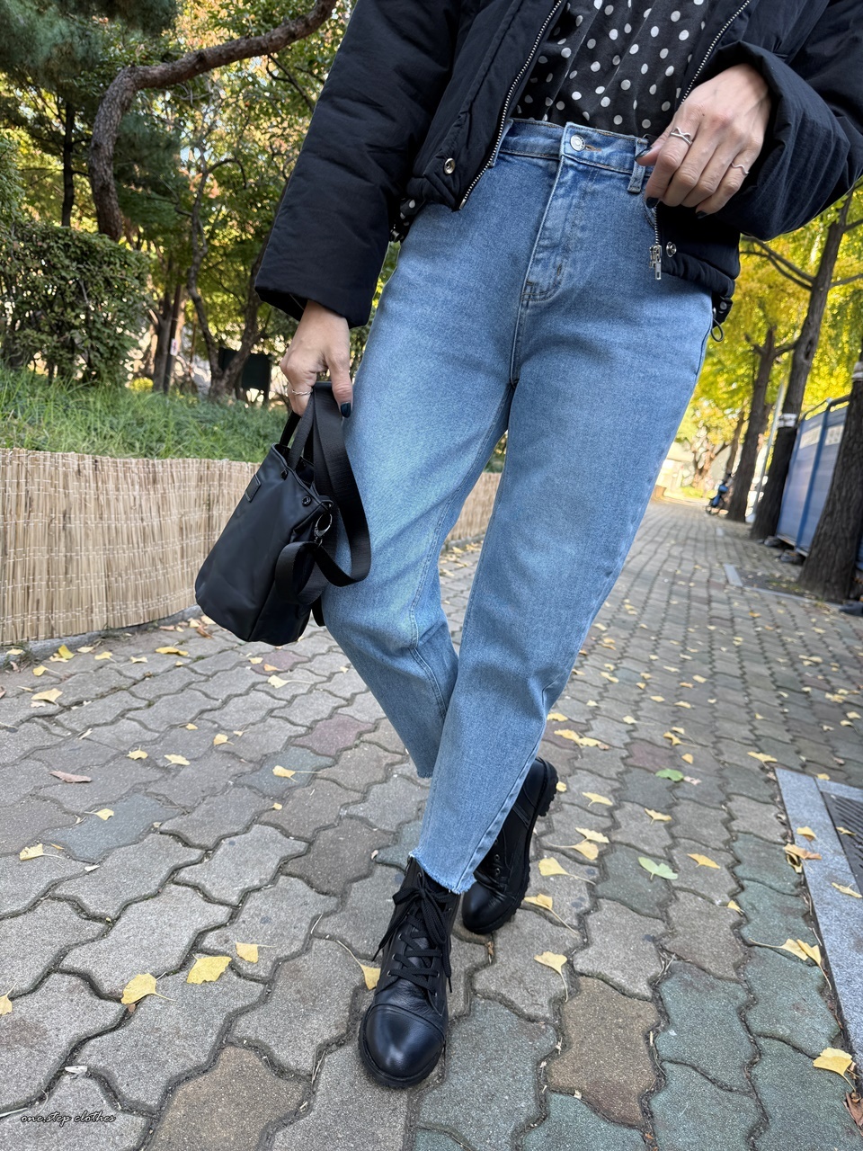 正韓小星霧藍斜車線鬆緊直筒褲