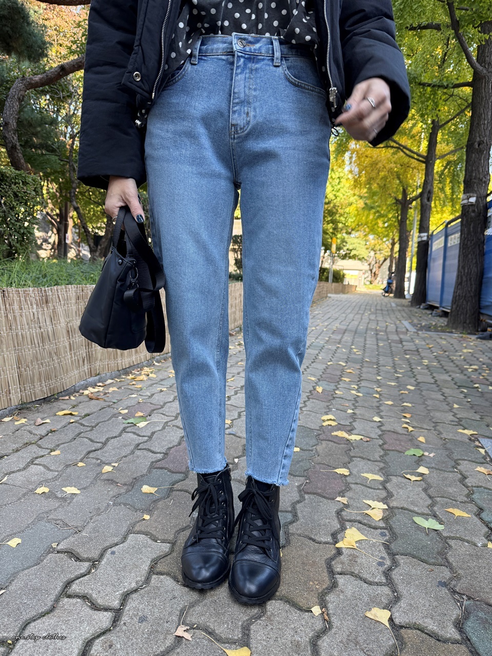 正韓小星霧藍斜車線鬆緊直筒褲