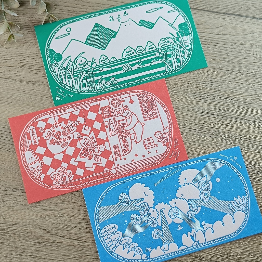 星期日拯救計畫．森林奇運隊 活版明信片 紅/綠/藍