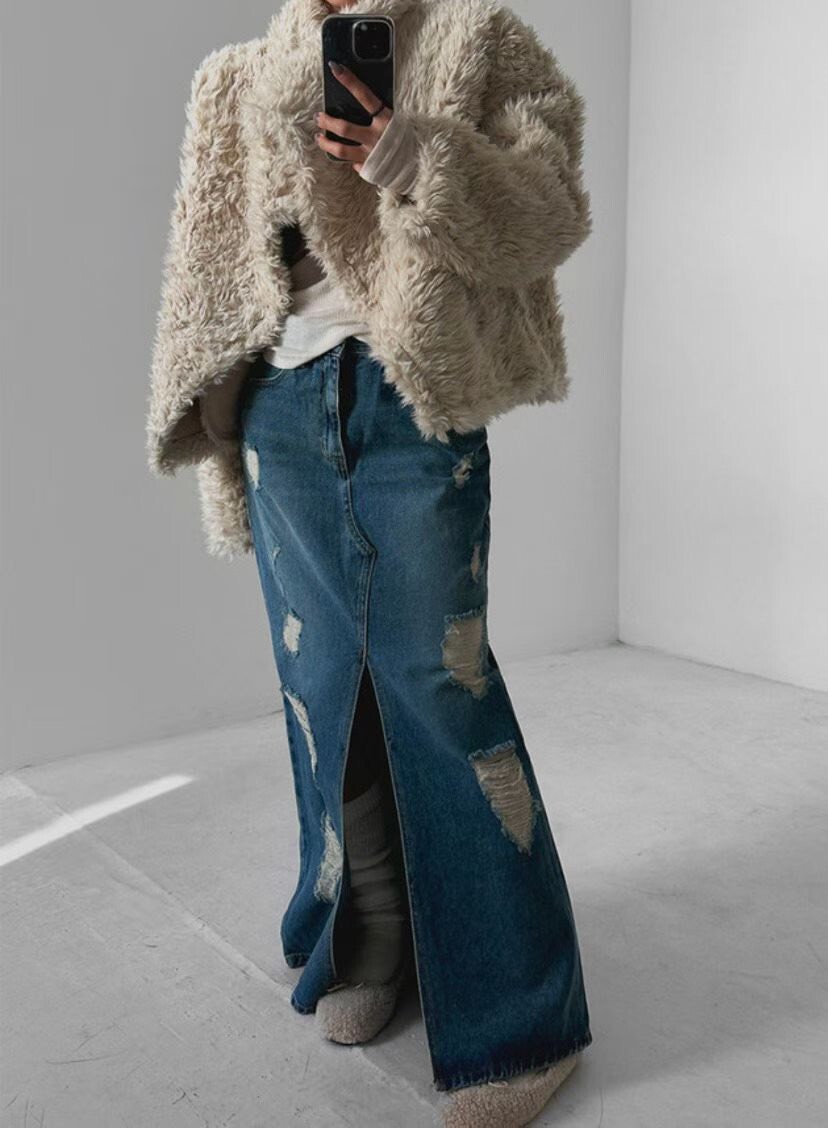 抓破前開衩牛仔長裙