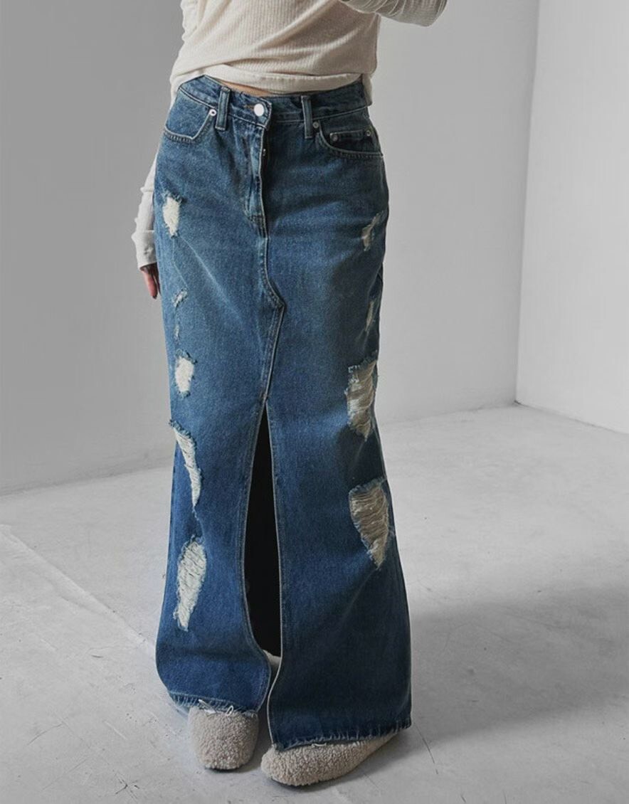 抓破前開衩牛仔長裙