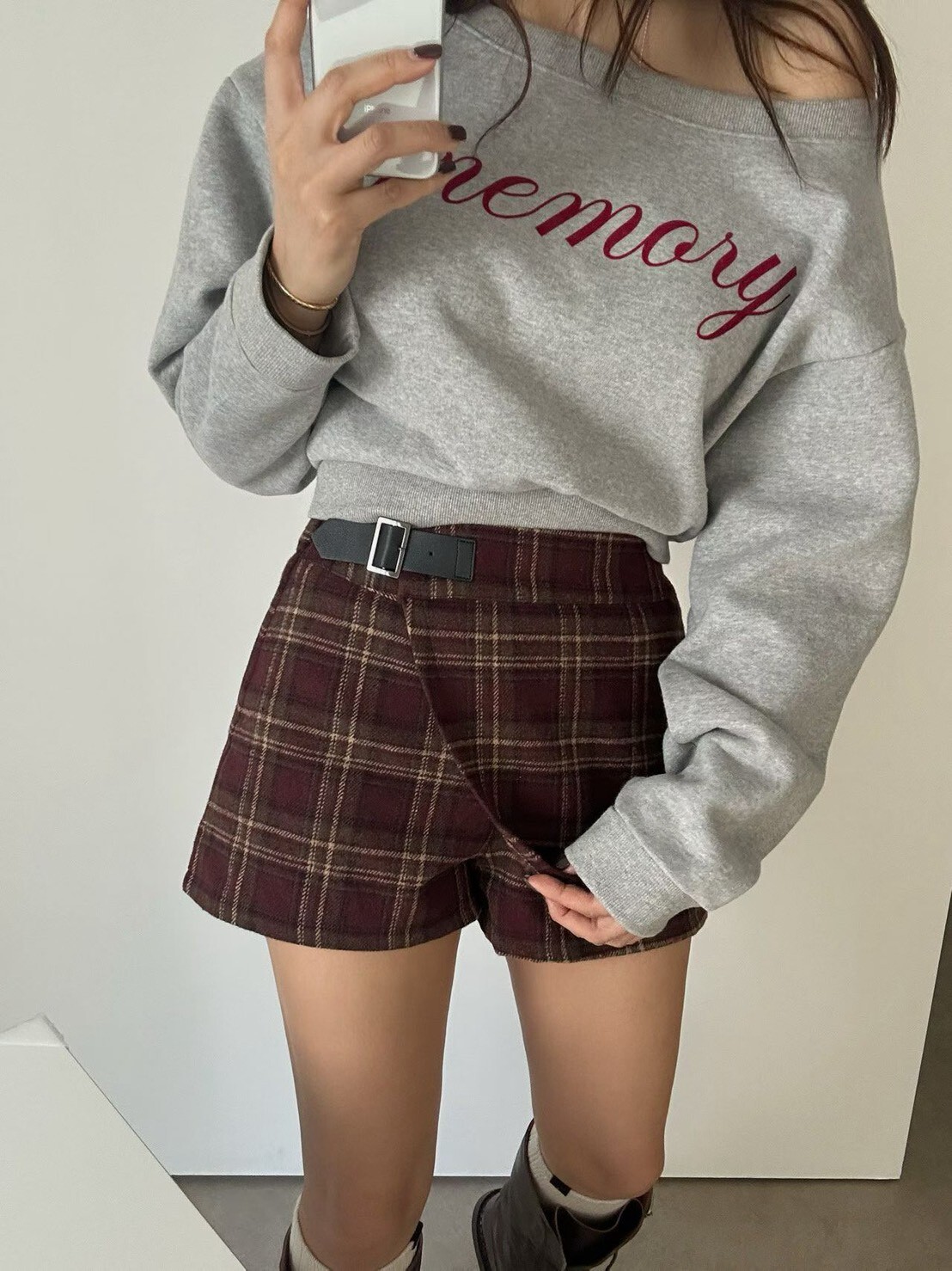 假腰帶格子短褲裙