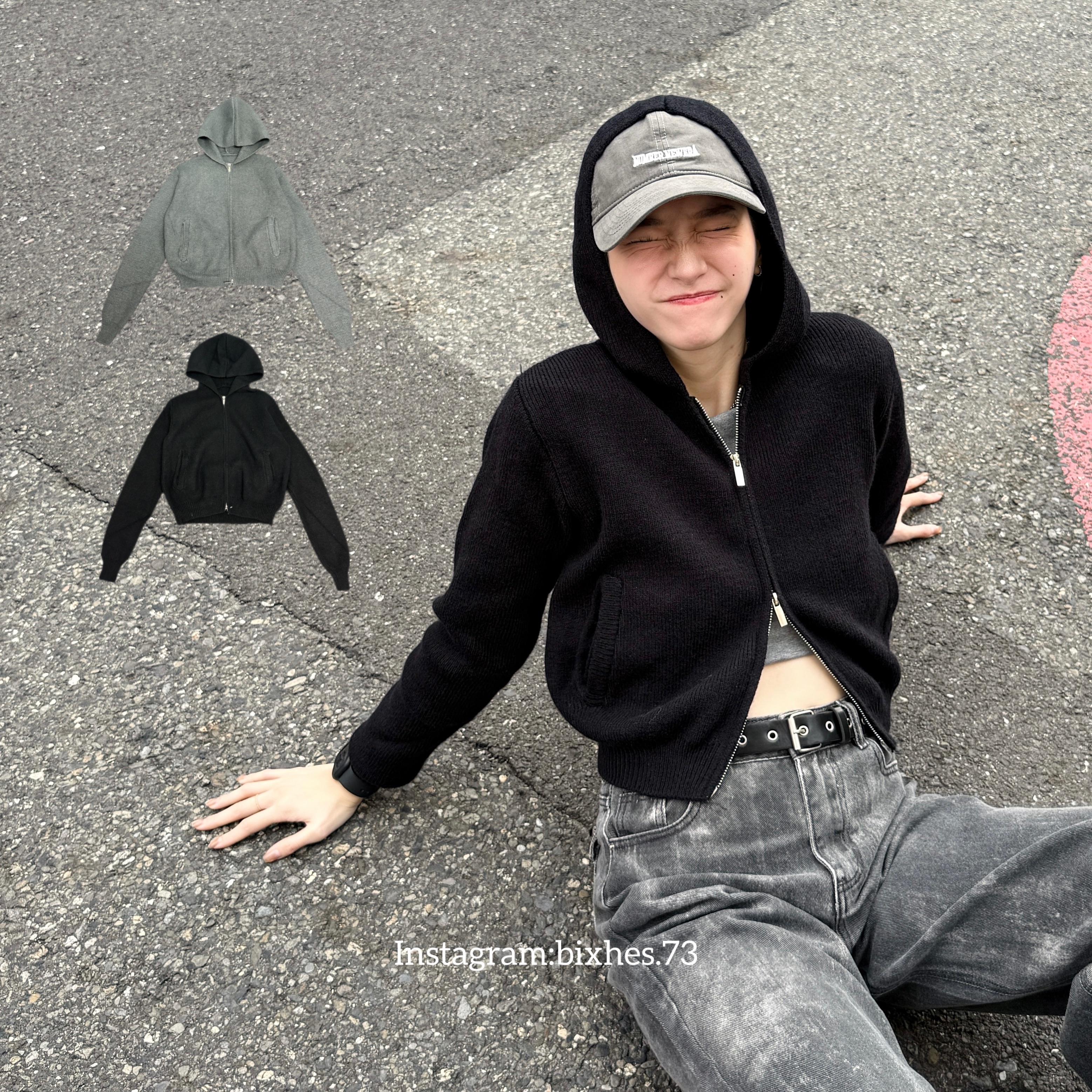 連帽短款雙拉鏈毛衣外套(F00018)