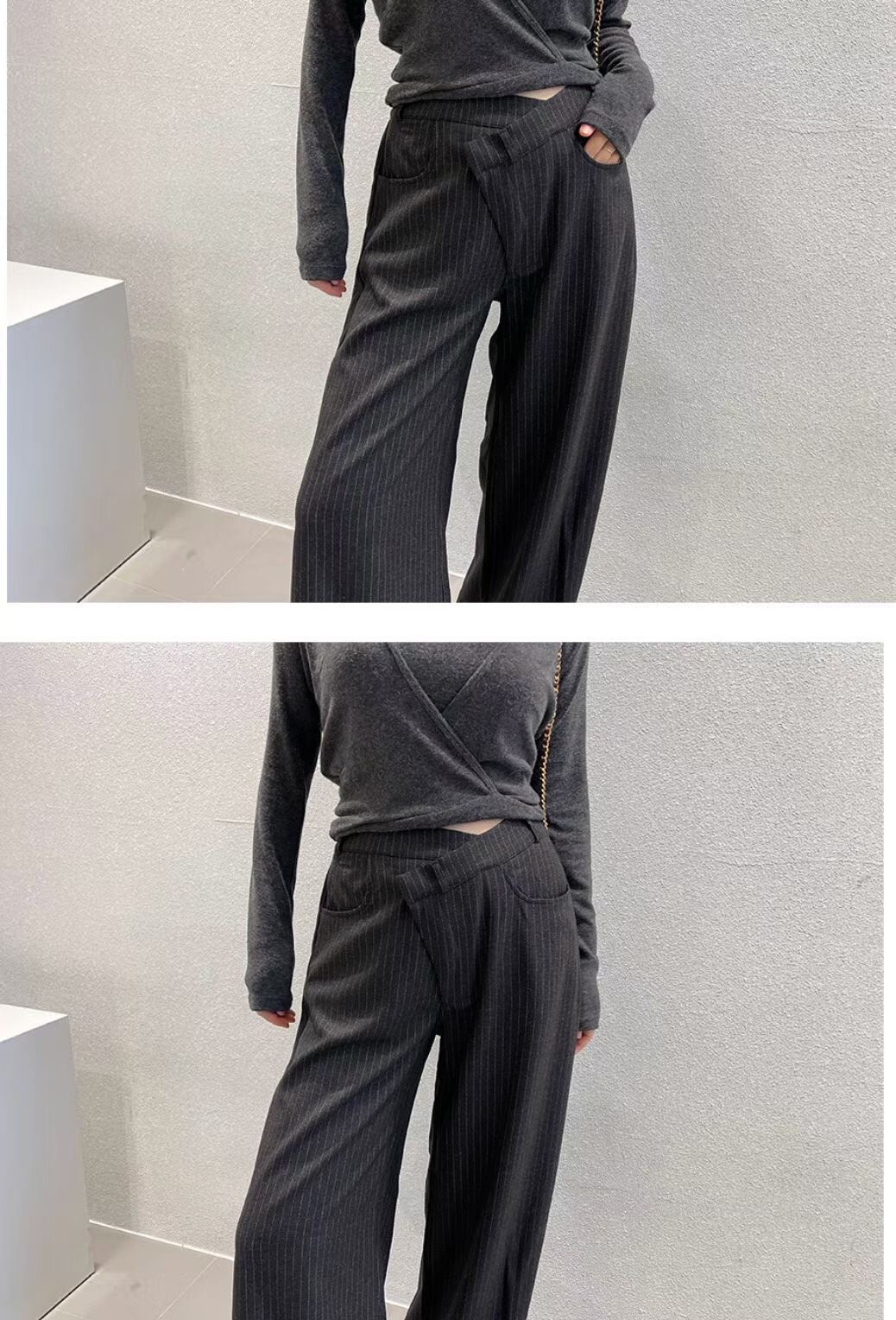 直線交錯褲頭長褲