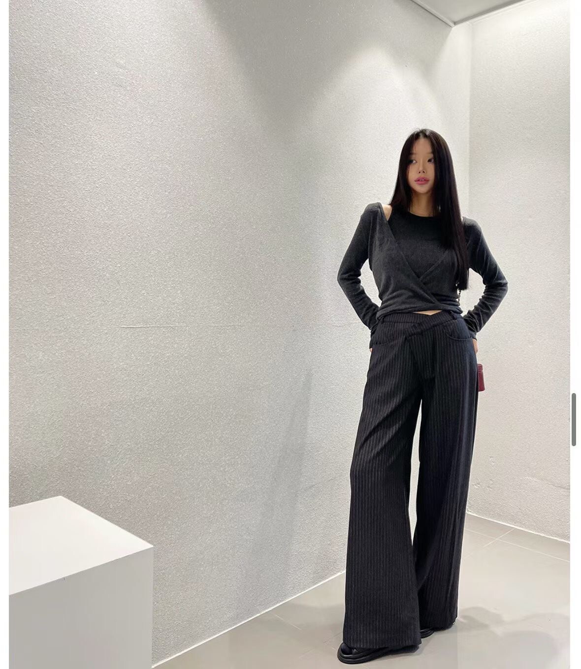 直線交錯褲頭長褲