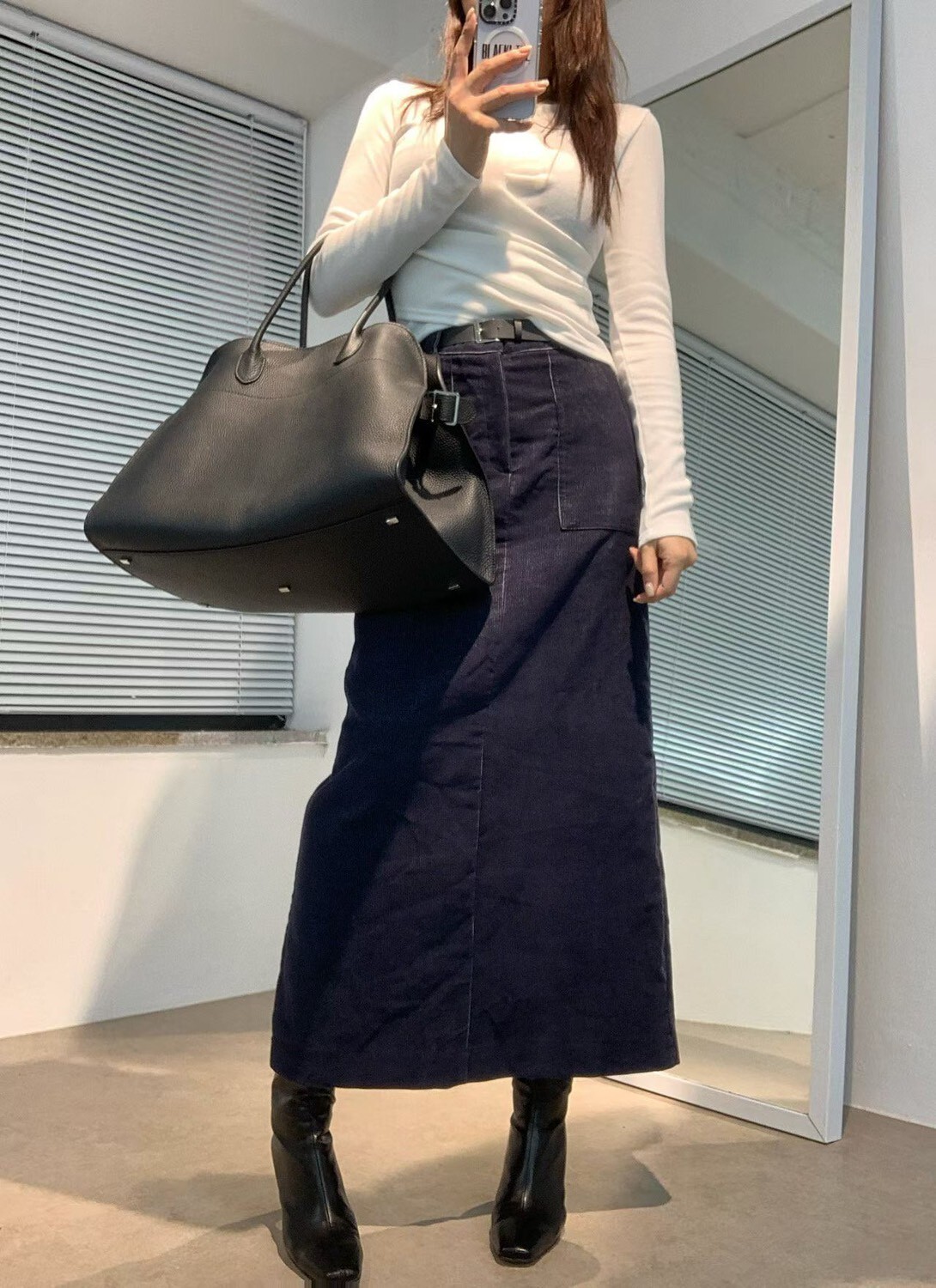 假腰帶絨面長裙