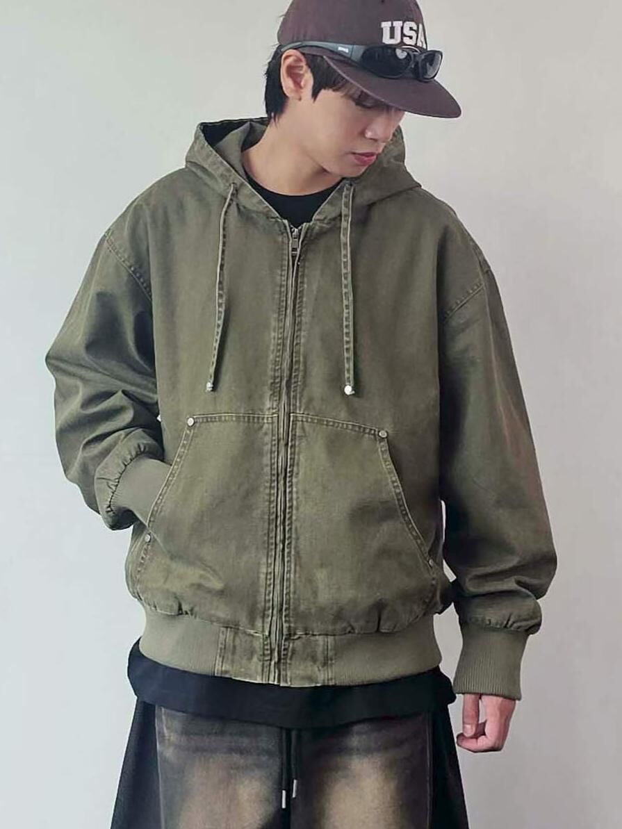 洗水淨色連帽拉鍊外套 F&c-112JK