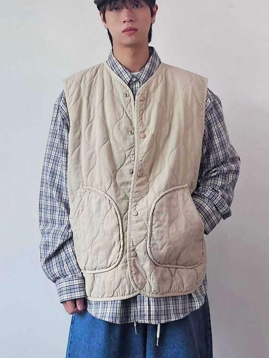 暗格紋開胸背心褸(薄夾棉) F&c-114V