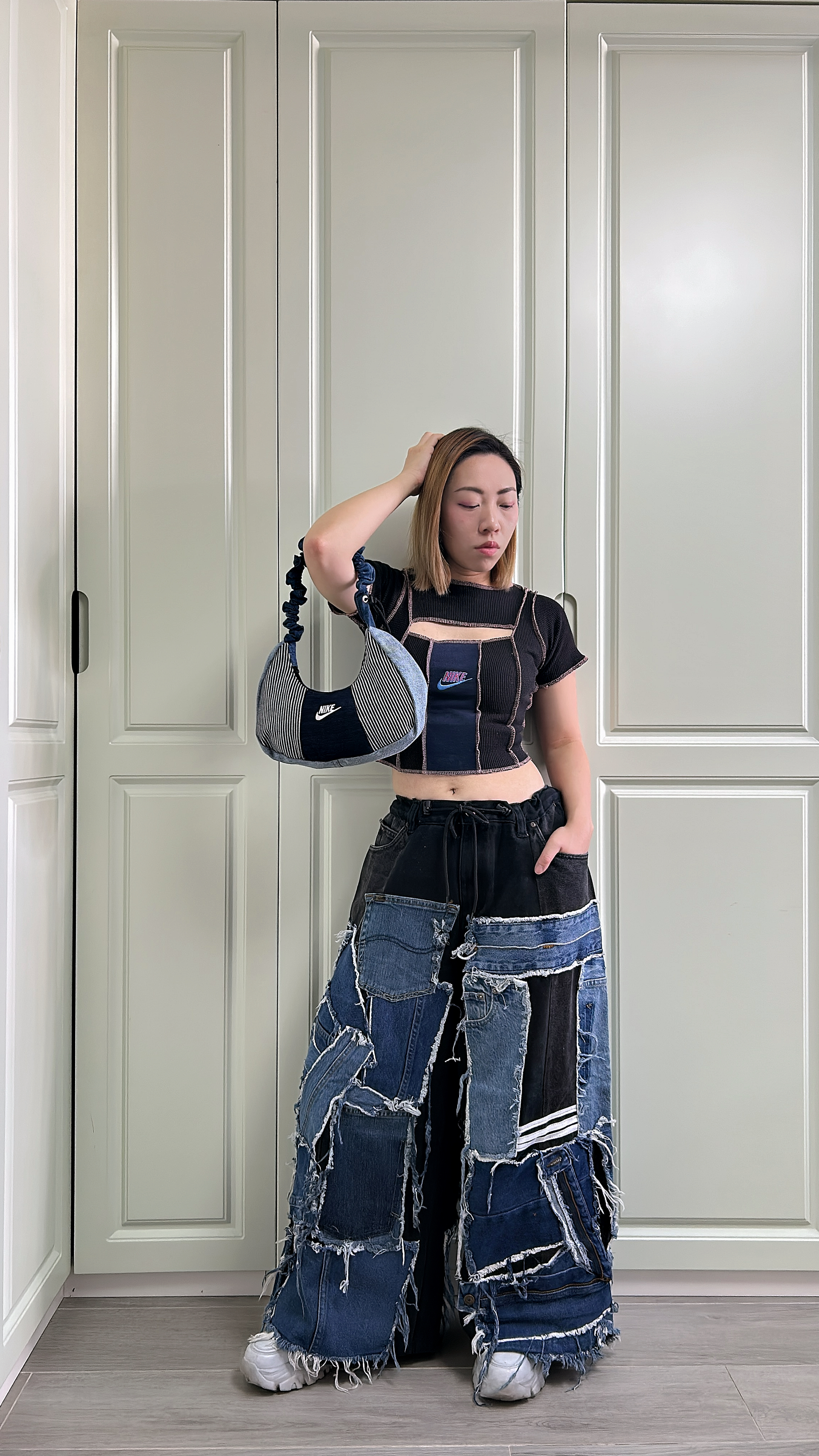 【現貨】泰國REMAKE 重工併布牛仔寬褲