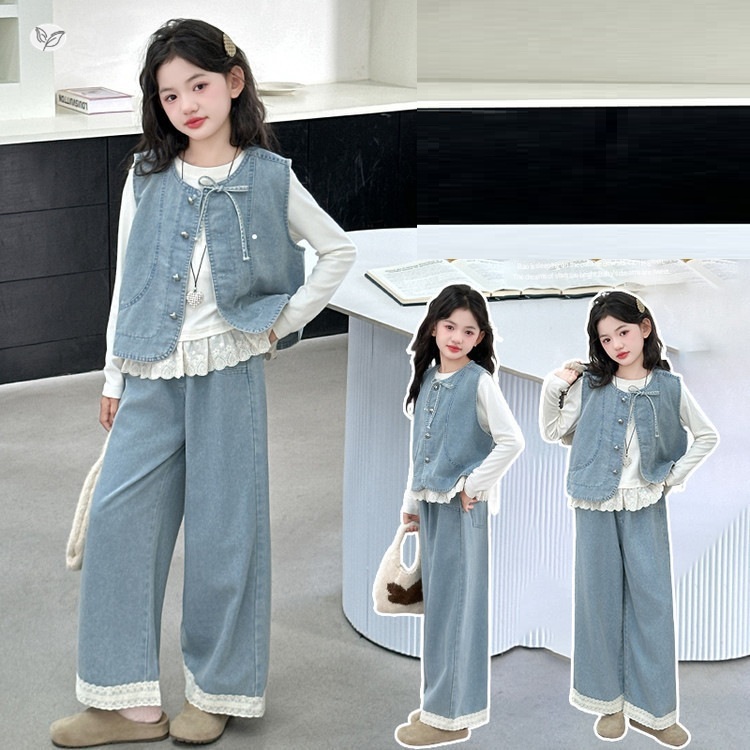 <三件組> 下擺花邊上衣+牛仔背心+蕾絲牛仔長褲 120-170cm #FYCT25035