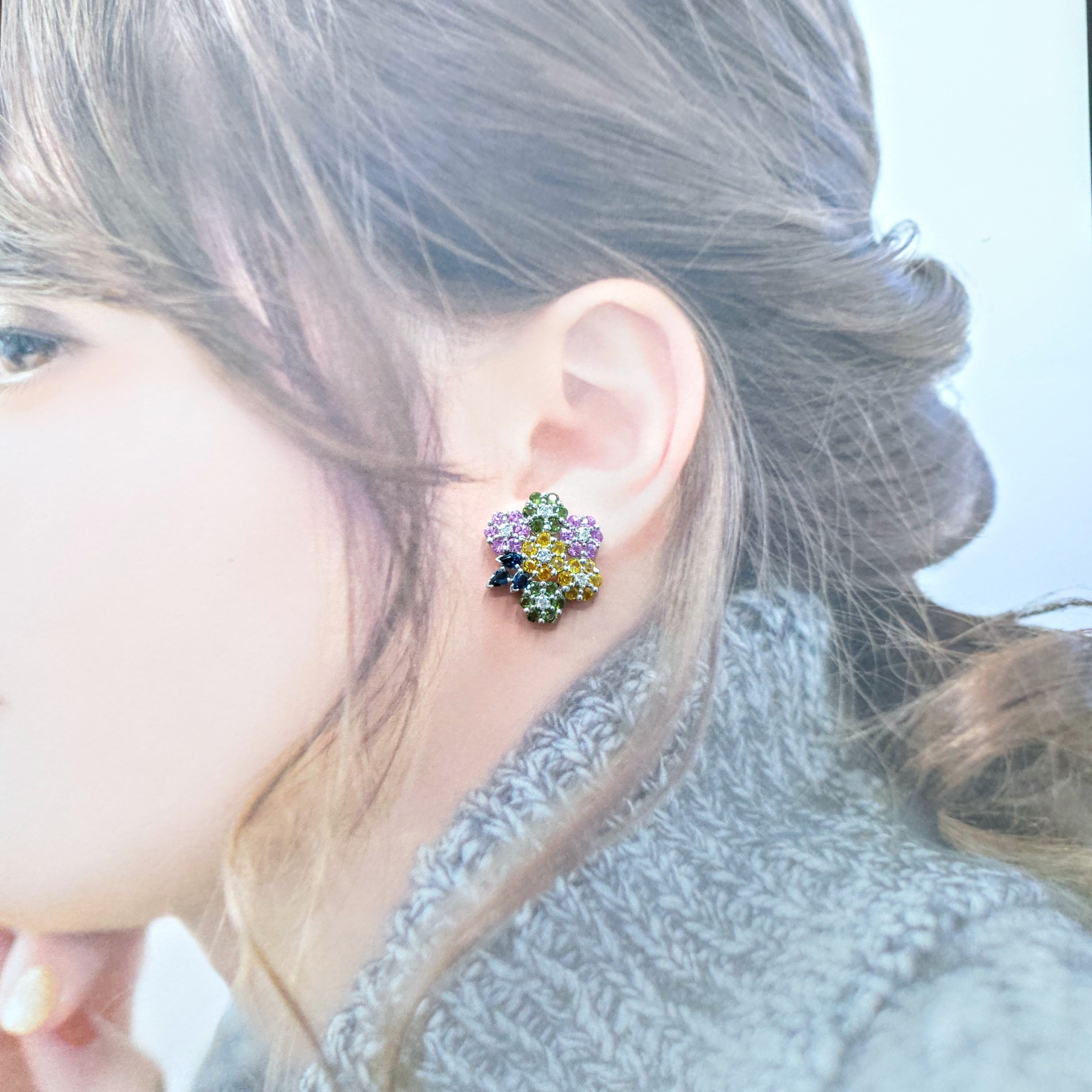 18K White Gold 8.34ct Multi-color Sapphire and Diamond Earrings