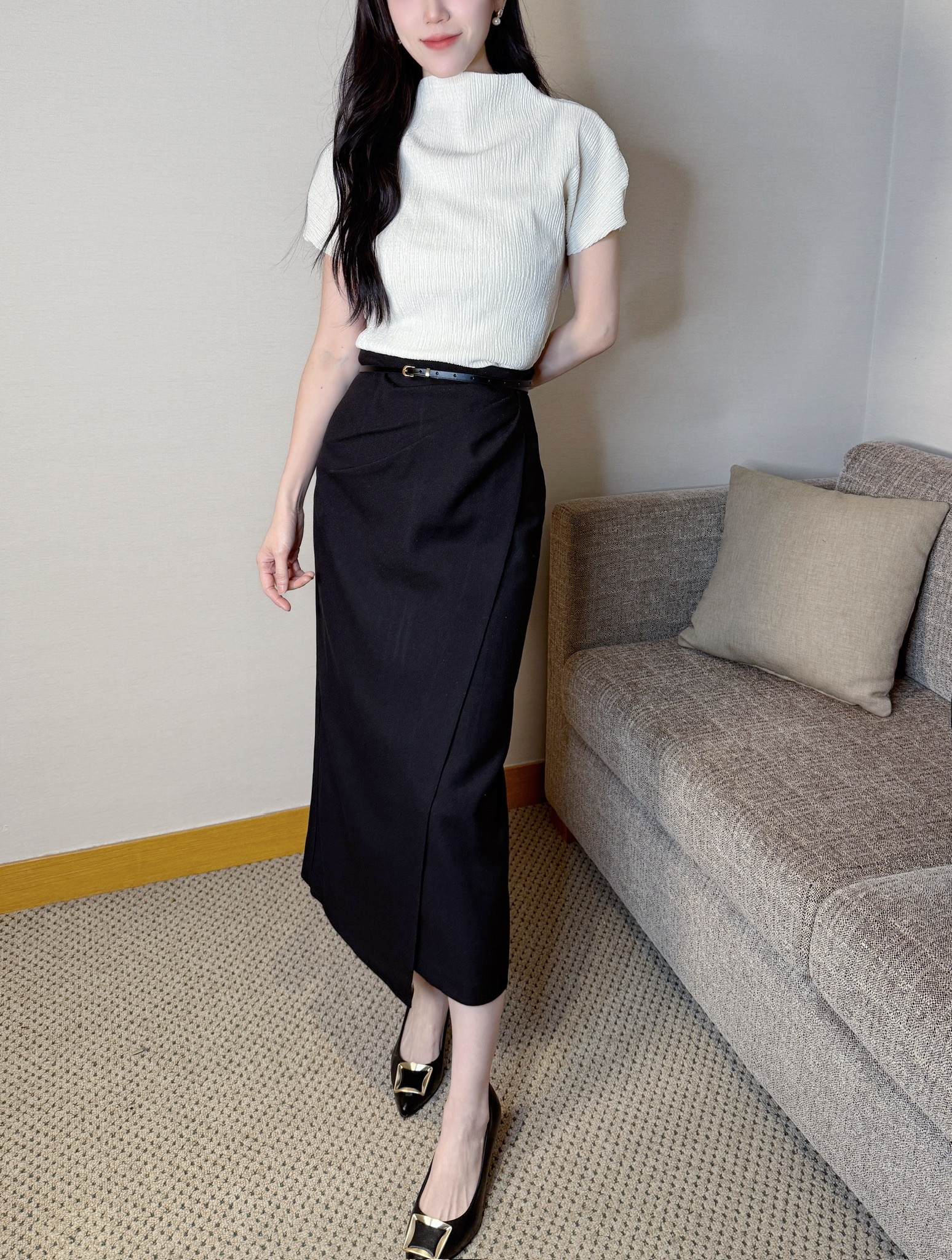 側抓皺裁片長裙