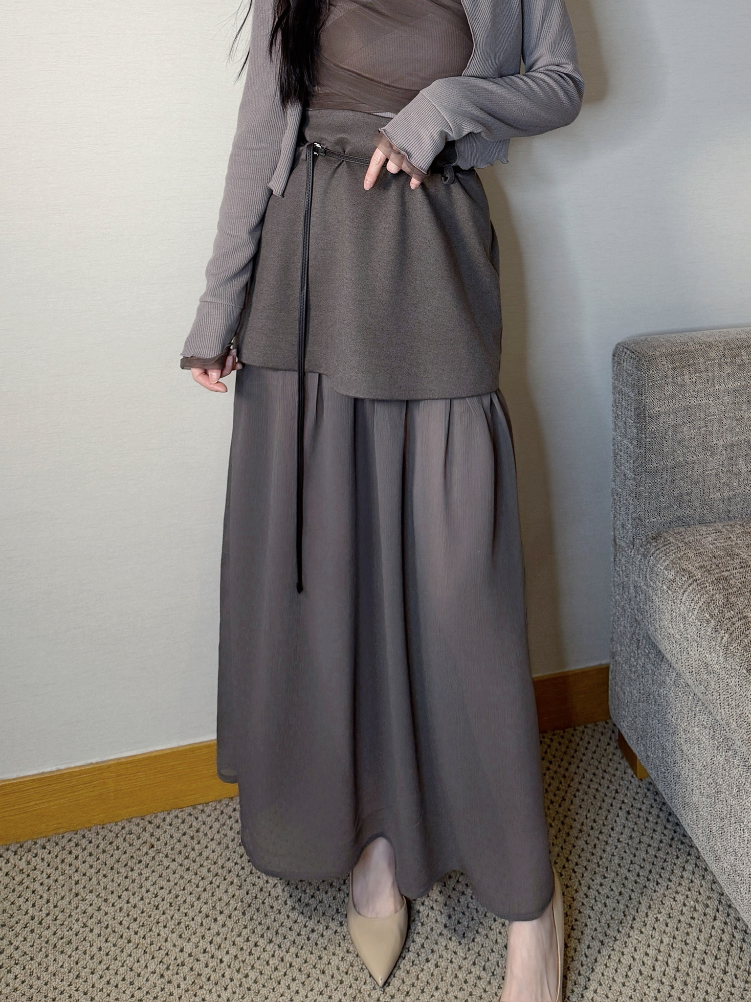 (仙女感)腰帶織紋透紗長裙