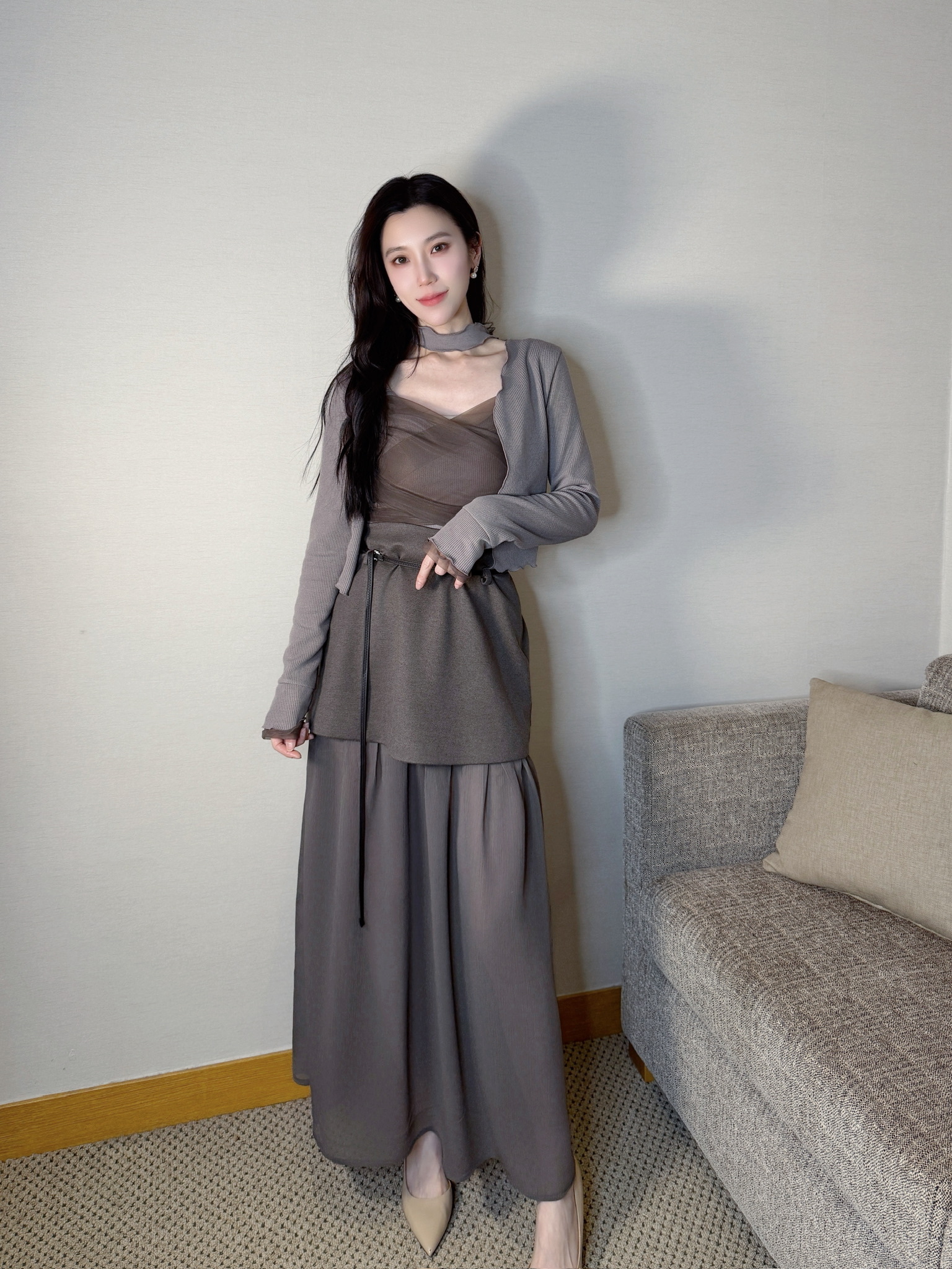 (仙女感)腰帶織紋透紗長裙