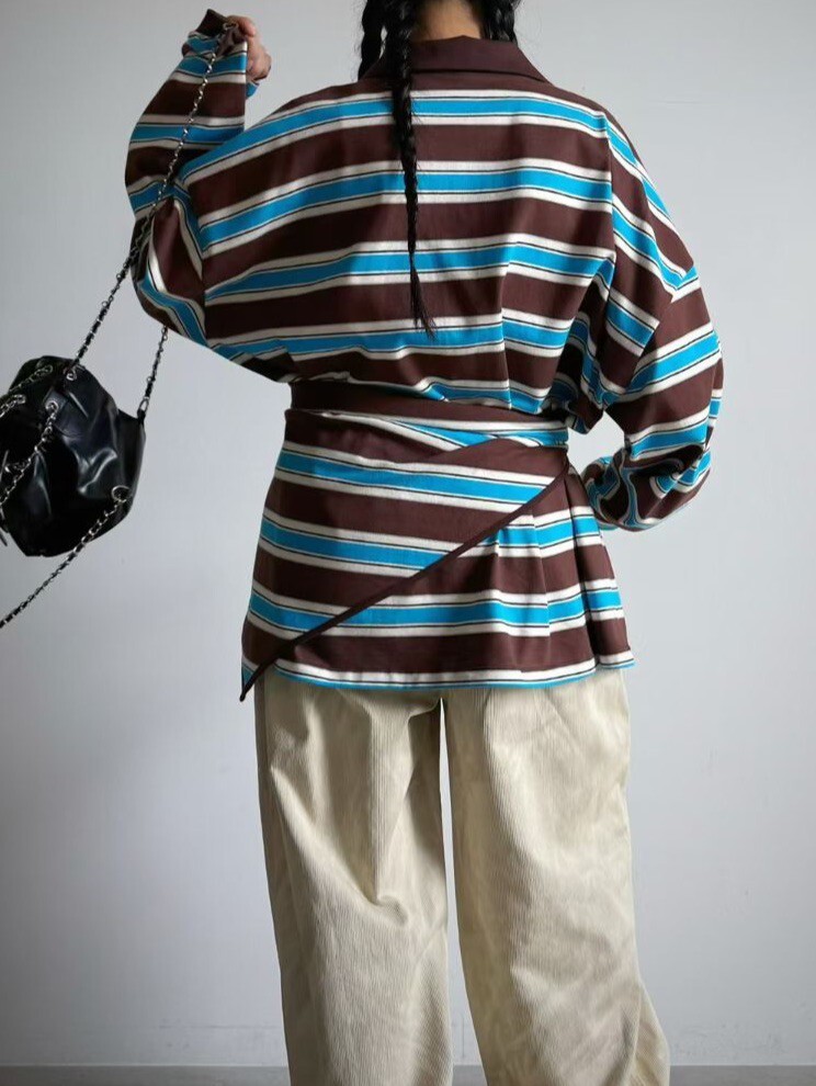 綁帶開襟橫條棉T+綁巾