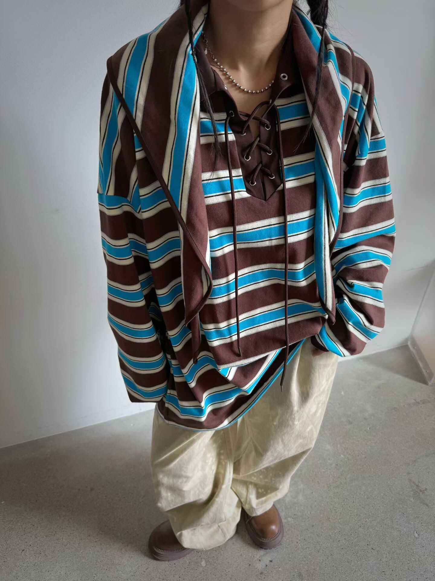 綁帶開襟橫條棉T+綁巾