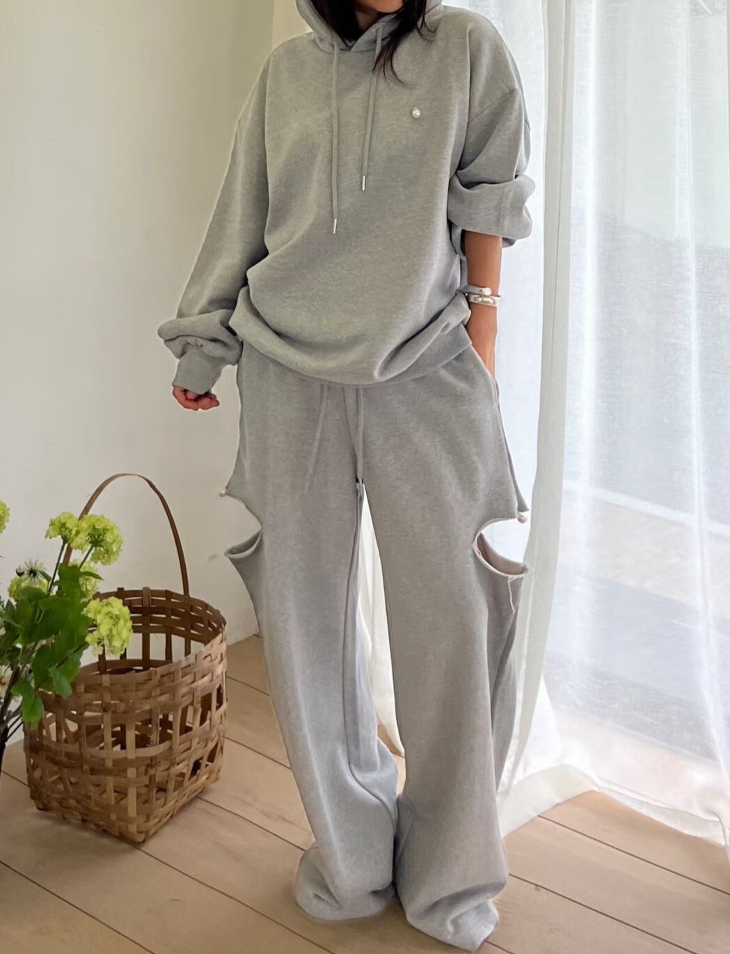 珍珠裝飾連帽衛衣