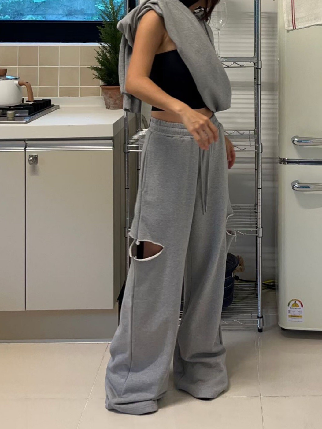 側破口珍珠裝飾棉褲