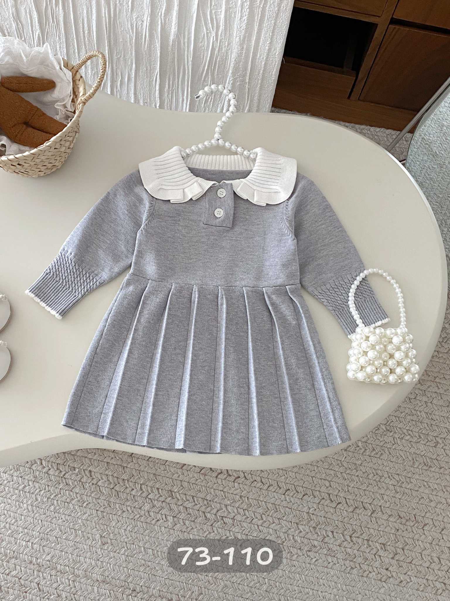 灰色百褶針織長袖連身裙/洋裝