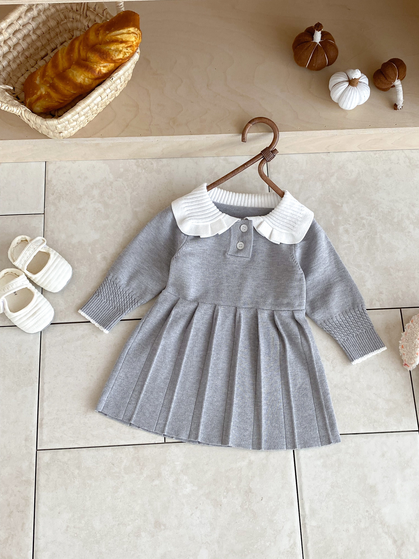 灰色百褶針織長袖連身裙/洋裝