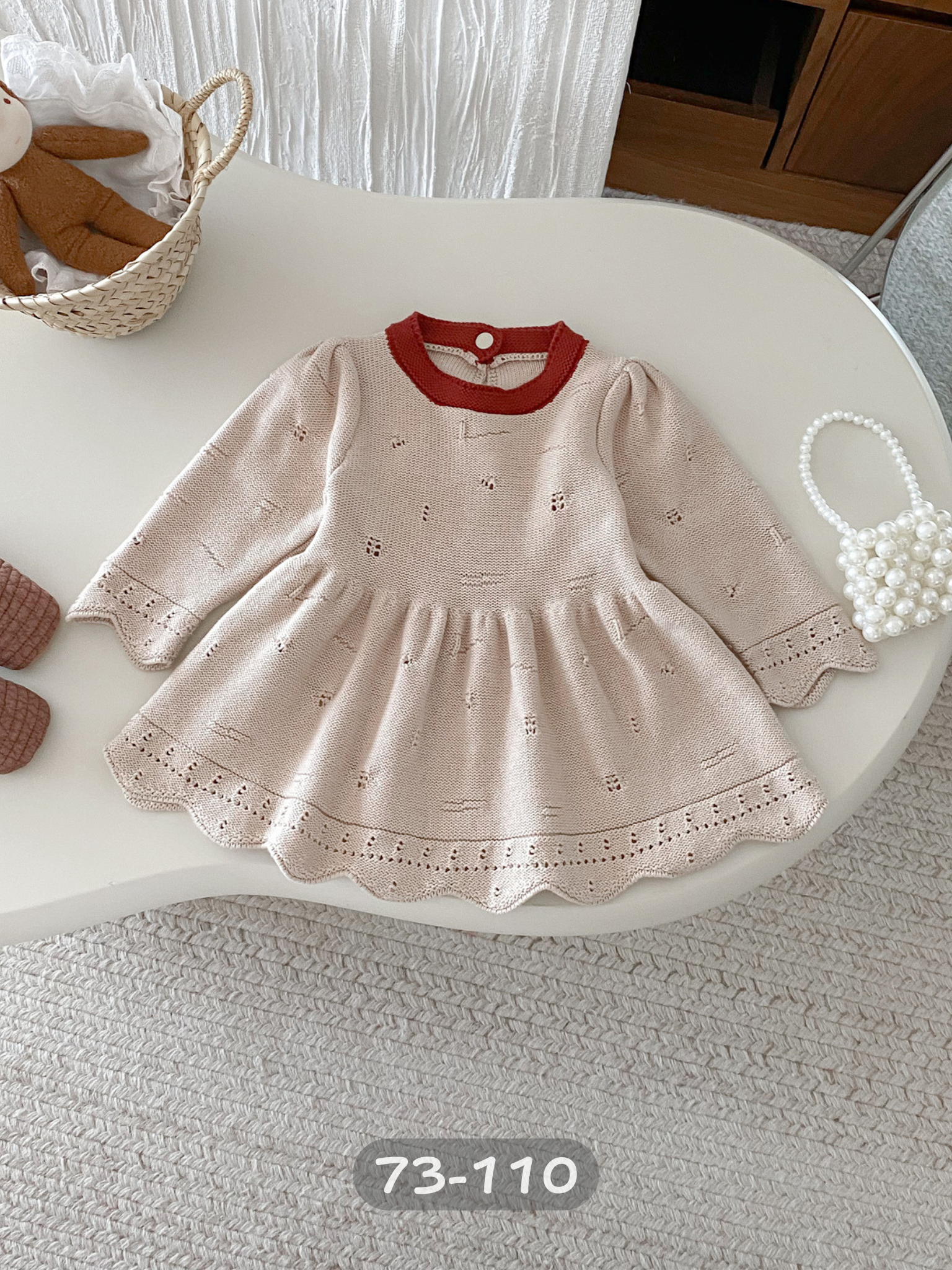 紅杏花邊 長袖連身裙/洋裝