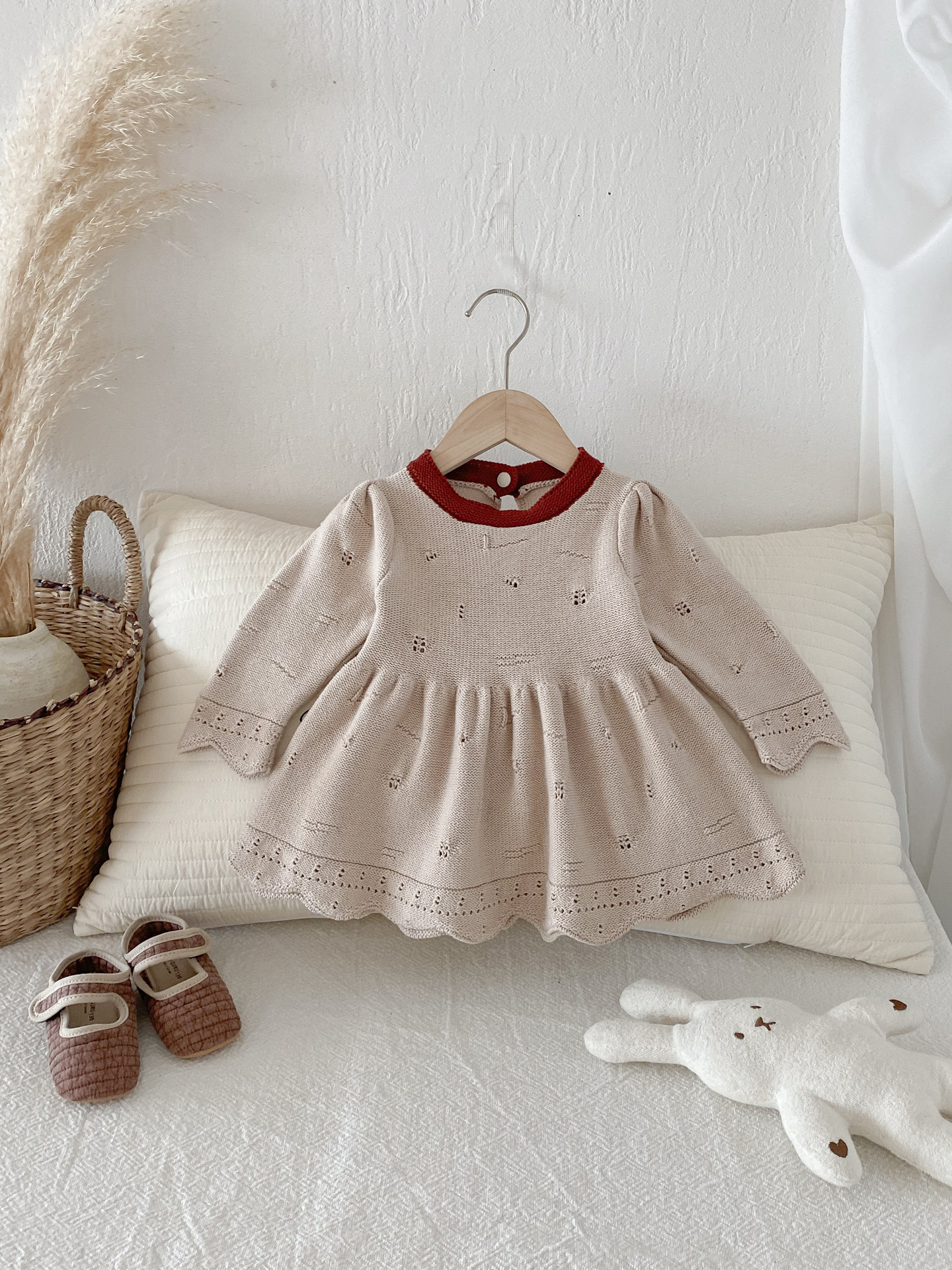 紅杏花邊 長袖連身裙/洋裝