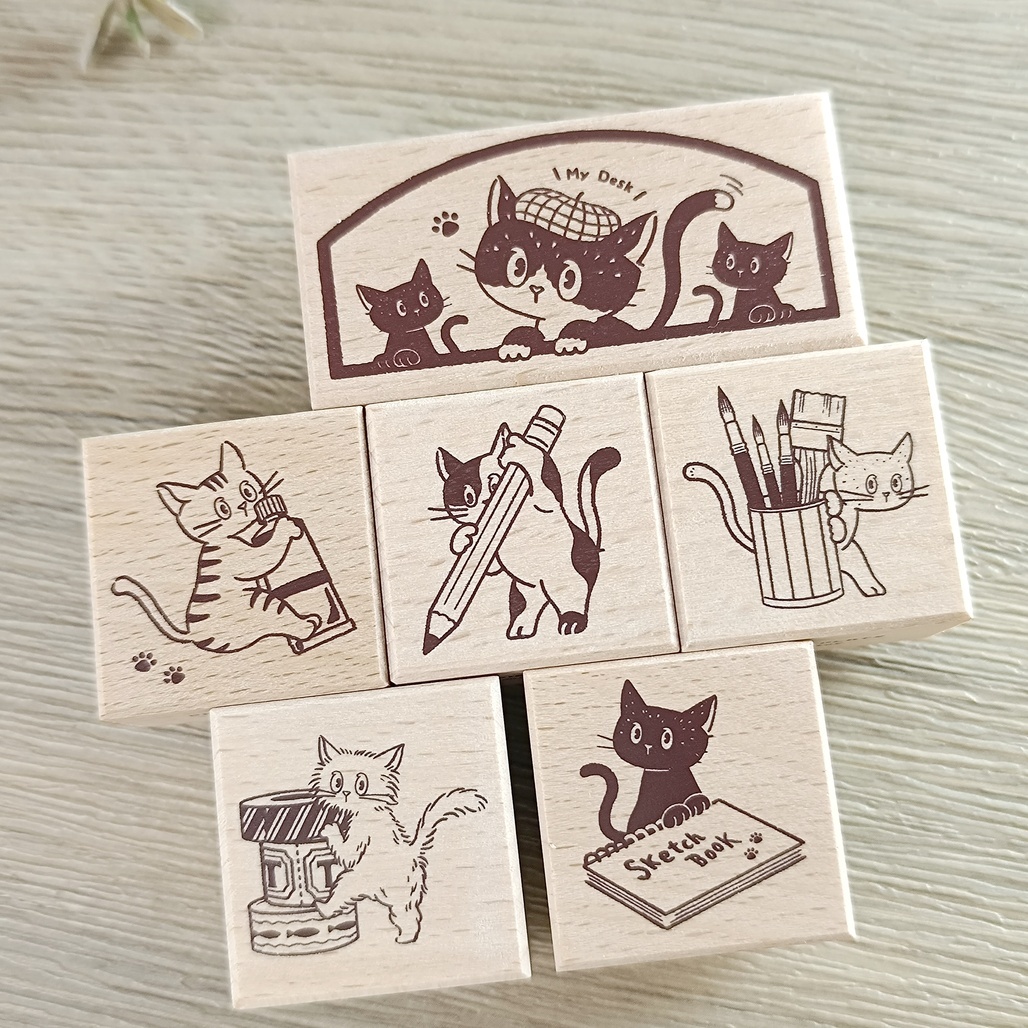 日本Ob1toy x文畫季．貓咪與文具木頭印章 共六款