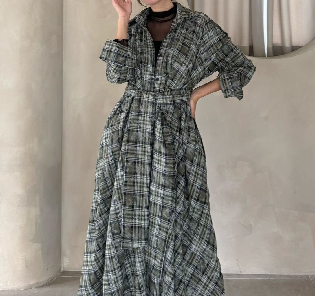 撞色水洗格子棉毛長洋