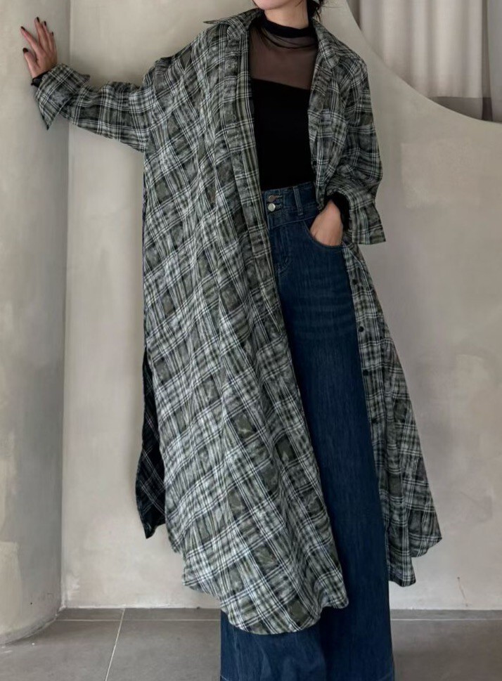 撞色水洗格子棉毛長洋