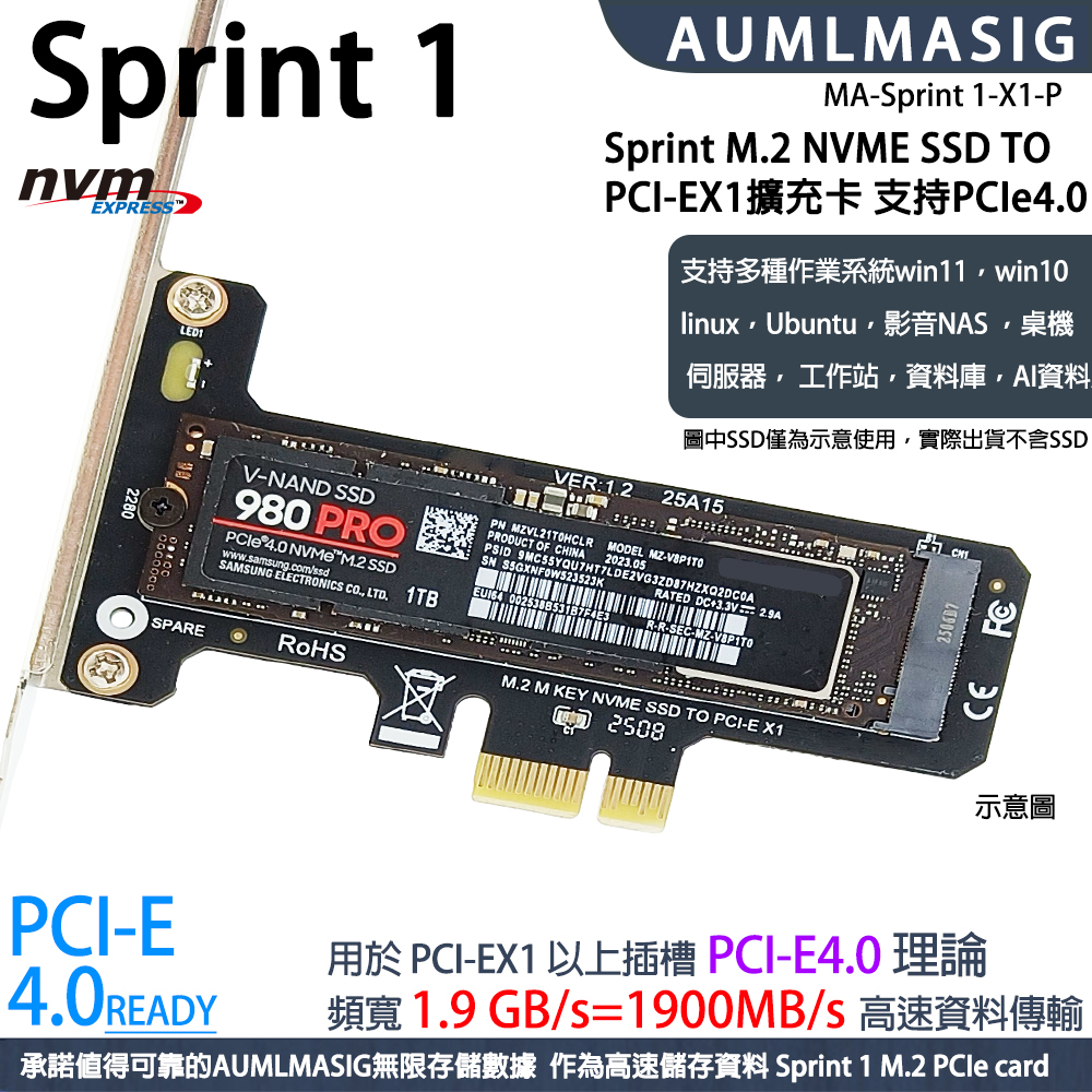 【AUMLMASIG｜Sprint 1】M.2 NVMe SSD 轉 PCIe x1 擴充卡 支援 PCIe 4.0（理論 1.9GB/s）｜2230–2280｜軟體 RAID 0/1/5/10｜LED 指示｜Win/Linux/macOS