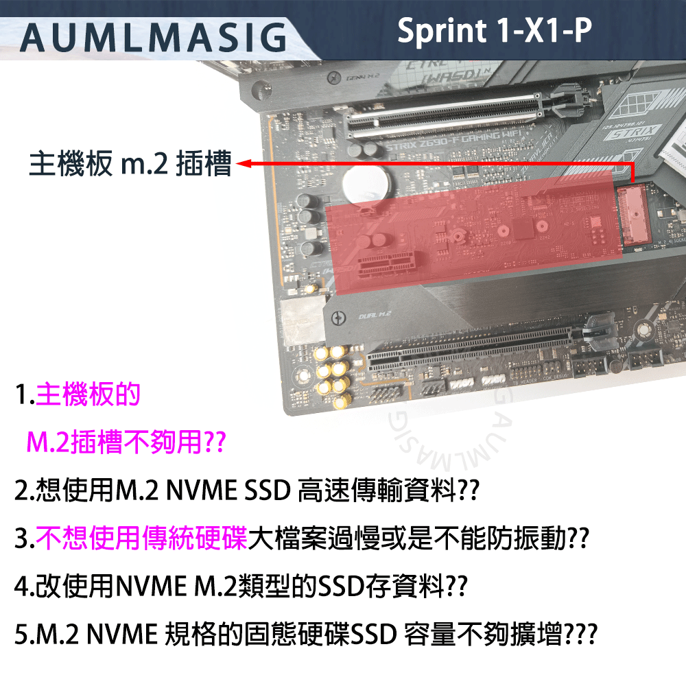 AUMLMASIG｜Sprint 1 M.2 NVMe SSD 轉 PCIe x1 擴充卡 + 8W導熱膠 支援 PCIe 4.0（理論 1.9GB/s）｜2230–2280｜軟體 RAID 0/1/5/10｜LED 指示｜Win/Linux/macOS