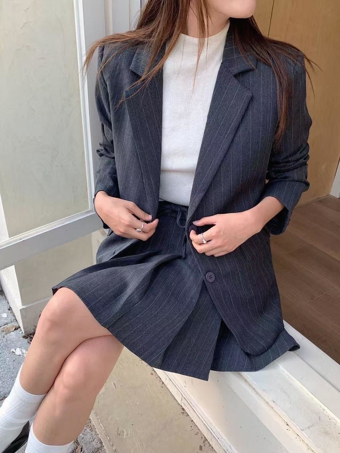 863 條紋西外+短裙套裝