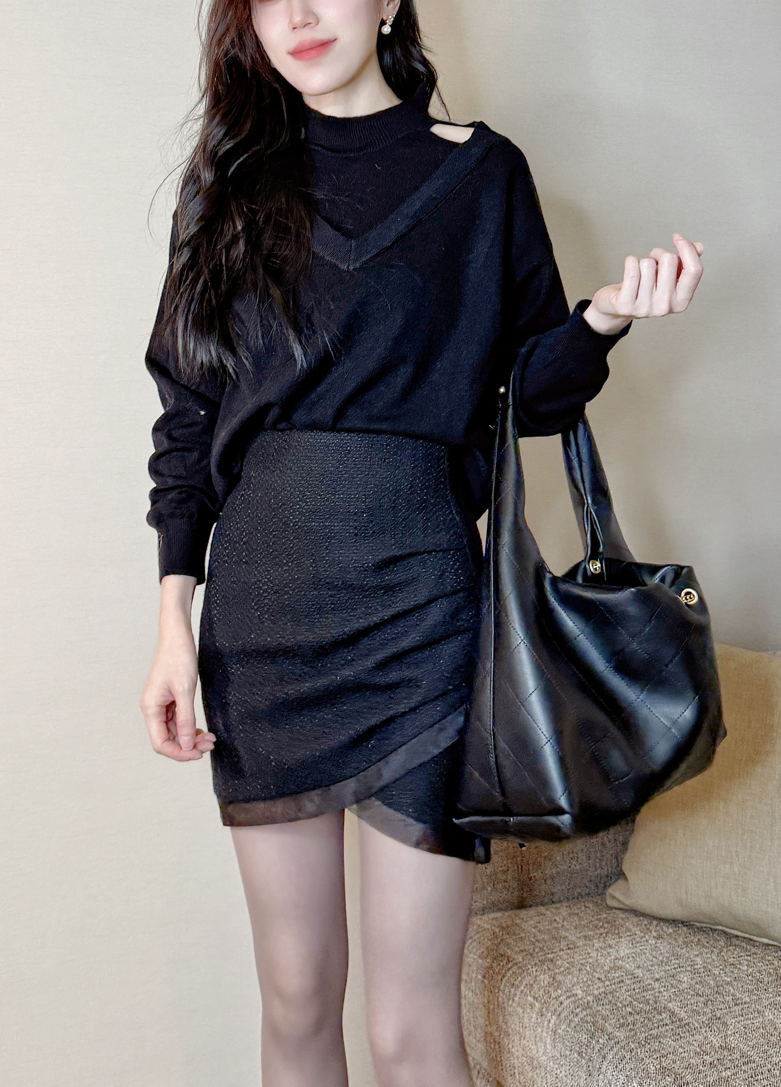 立領肩挖空針織長袖上衣